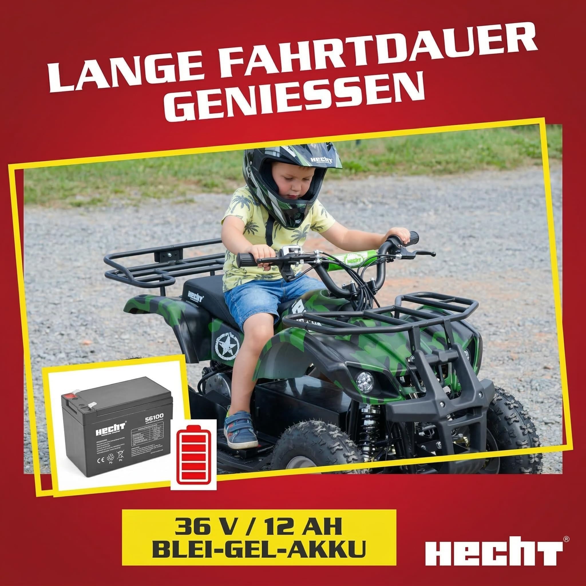 HECHT Elektro Kinderquad bis 25 km/h – Offroad Quad für Kinder mit 1000 W Motor, 36 V/12 Ah Blei-Gel-Akku, 3 Fahrstufen, Scheibenbremsen vorn/hinten & verstellbarer Federung (Army)