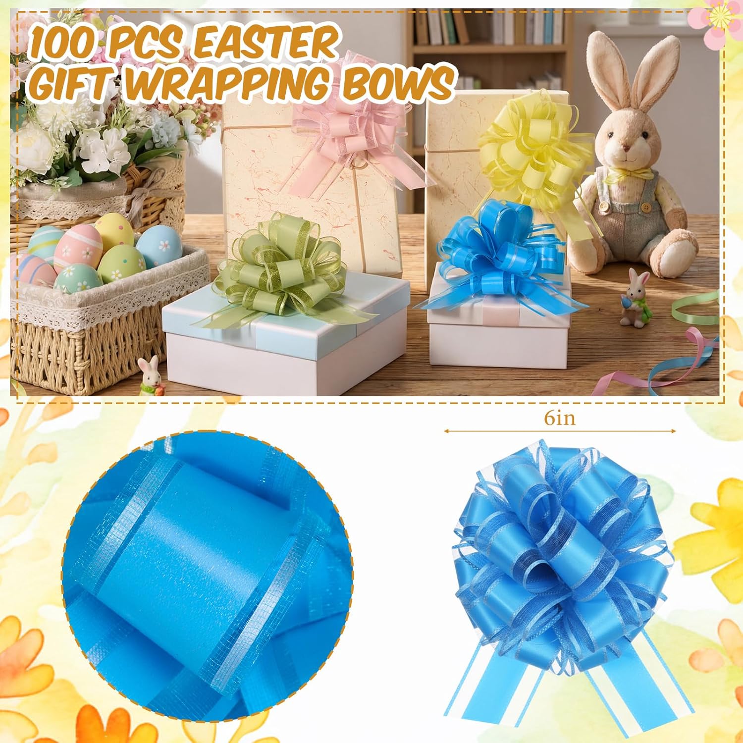 Poen 100 Pcs 6 Inch Large Easter Pull Bows Bulk for Gift Wrapping Basket Bag 6 Color Matte Easter Gift Bow Bulk Wedding Ribbon for Present Wrapping Boxes Birthday Party Decoration (Light Color)