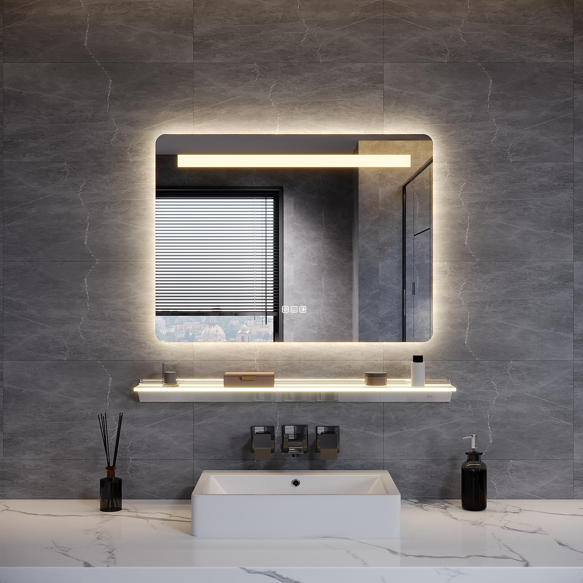 ELEGANT 800 x 600mm Bathroom Mirror with LED Lights, Illuminated Bathroom Mirror with Shaver Socket, Anti-Fog, 3 Lighting Modes, Dimmable, Front+Backlit, 90cm Floating Shelf with LED Lighting