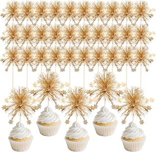 30PCS Foil Firework Cupcake Toppers Gold Sparkle Cake Decorations for Birthdays, Weddings, Graduation Parties – Non-Edible Food-Safe Toothpicks