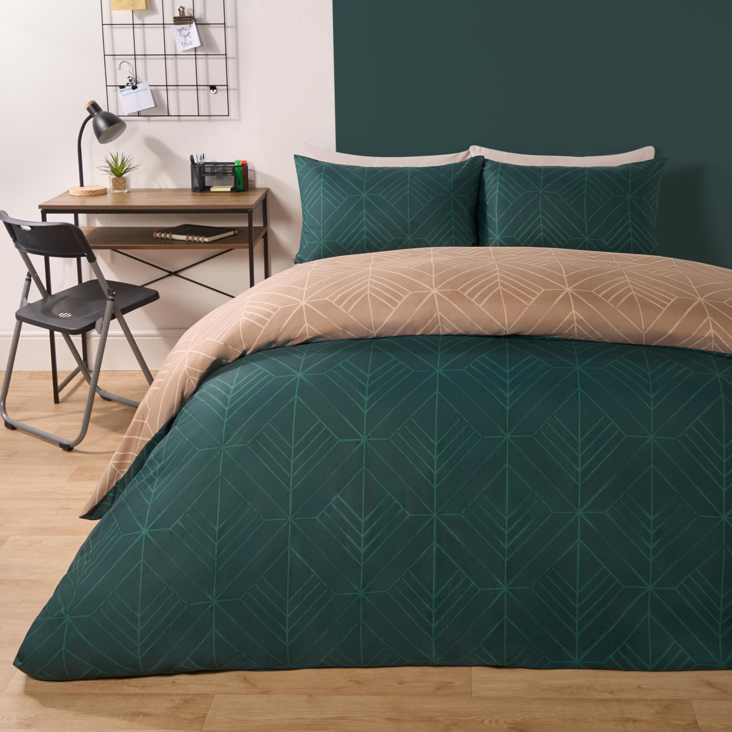OHS Double Duvet Bedding Geometric Isaac, Ultra Soft Decorative Reversible Modern Luxury Double Duvet Quilt Cover Bedding with Pillowcases, Natural/Teal