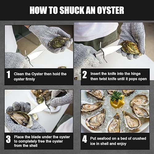 Miniatura 5 de Cuchillo para quitar ostras paquete de 2 cuchillos para ostras triturador de ostras y 1 par de guantes profesionales resistentes a los cortes L