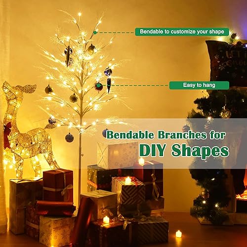 Miniatura 2 de Yescom Rama de abedul de ciprés iluminada regulable de 5 pies, 120 LED, 8 modos, blanco cálido con temporizador remoto para el hogar, Navidad,