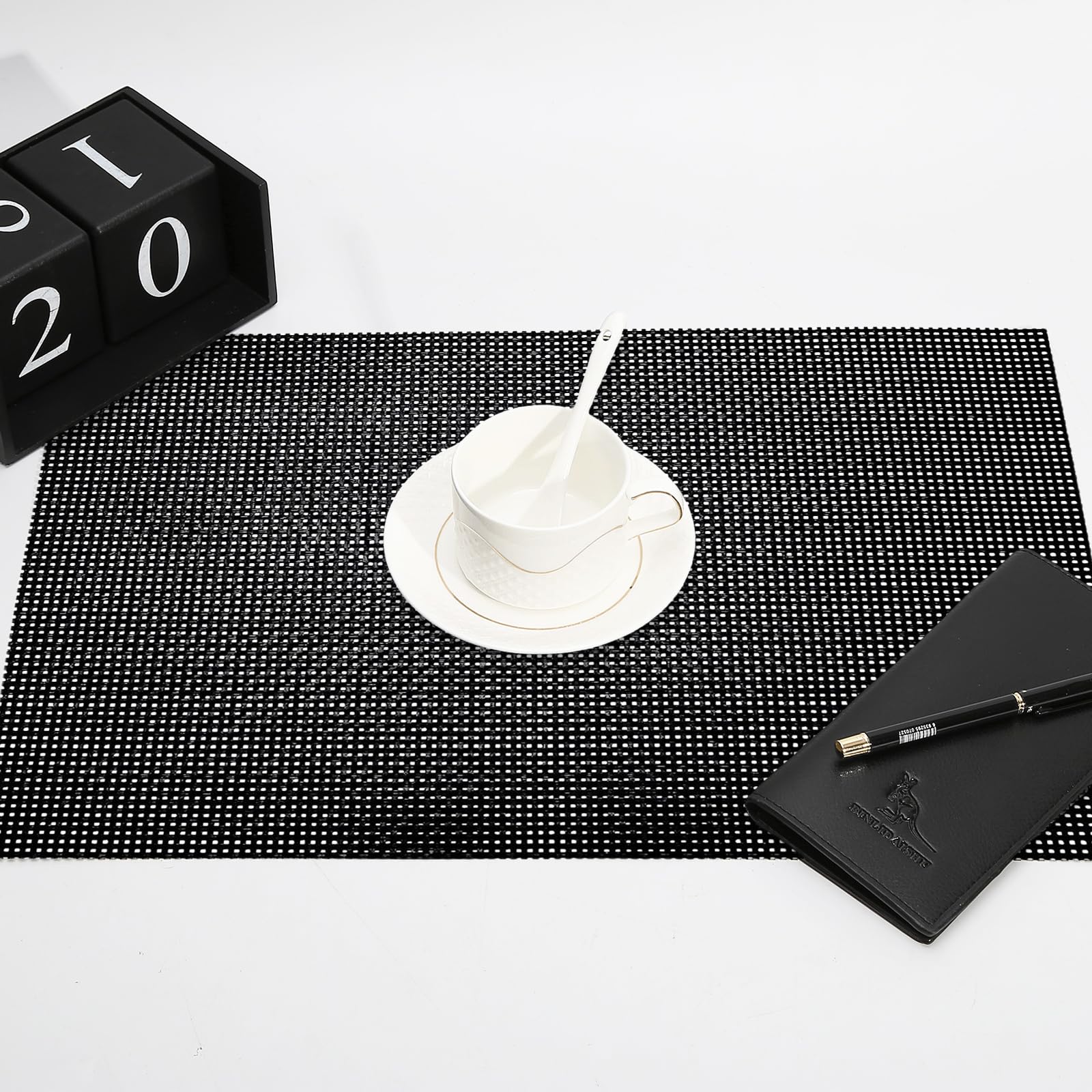 marysgift Table Mats Set of 6 Black Placemats Washable Place Mat for Table Heat Resistant Non-Slip Mat for Dining Washable Durable PVC Vinyl Woven 17.7"X11.8" (Black D) - Image 2