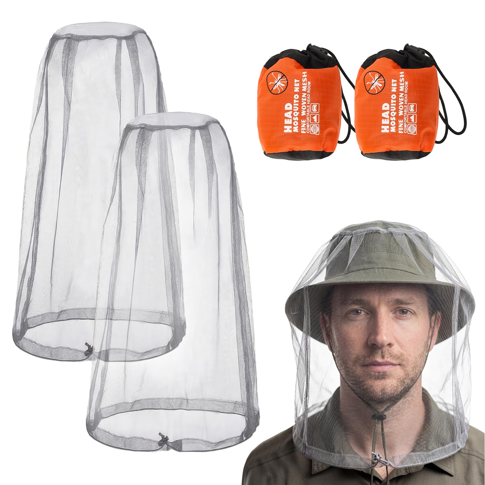 Cappello con Zanzariera, 2 PCS Zanzariera Testa, Protezione da Insetti Zanzare, Copricapo Rete Zanzare Leggero e Traspirante Ideale per Camping Pesca Alpinismo(Grigio)