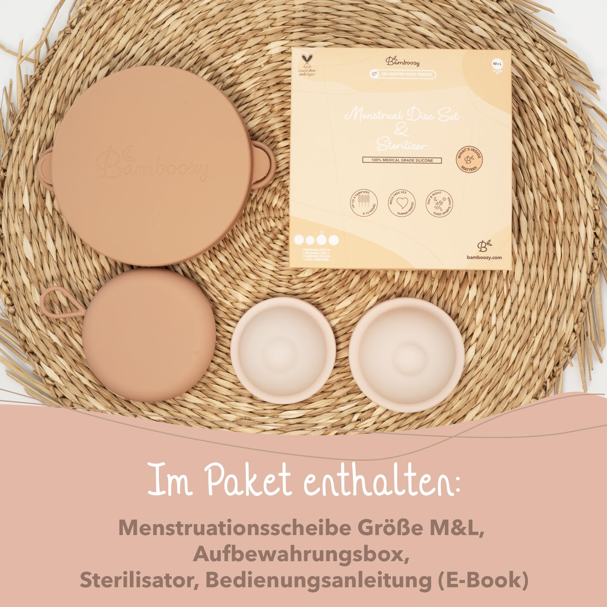 Bamboozy Menstruationsscheibe Starter Set - 2 Periodenscheiben (M+L), Sterilisator und Lagertasche - Wiederverwendbare Discs für alle Strömungen - Sicher bei Sport und Schwimmen