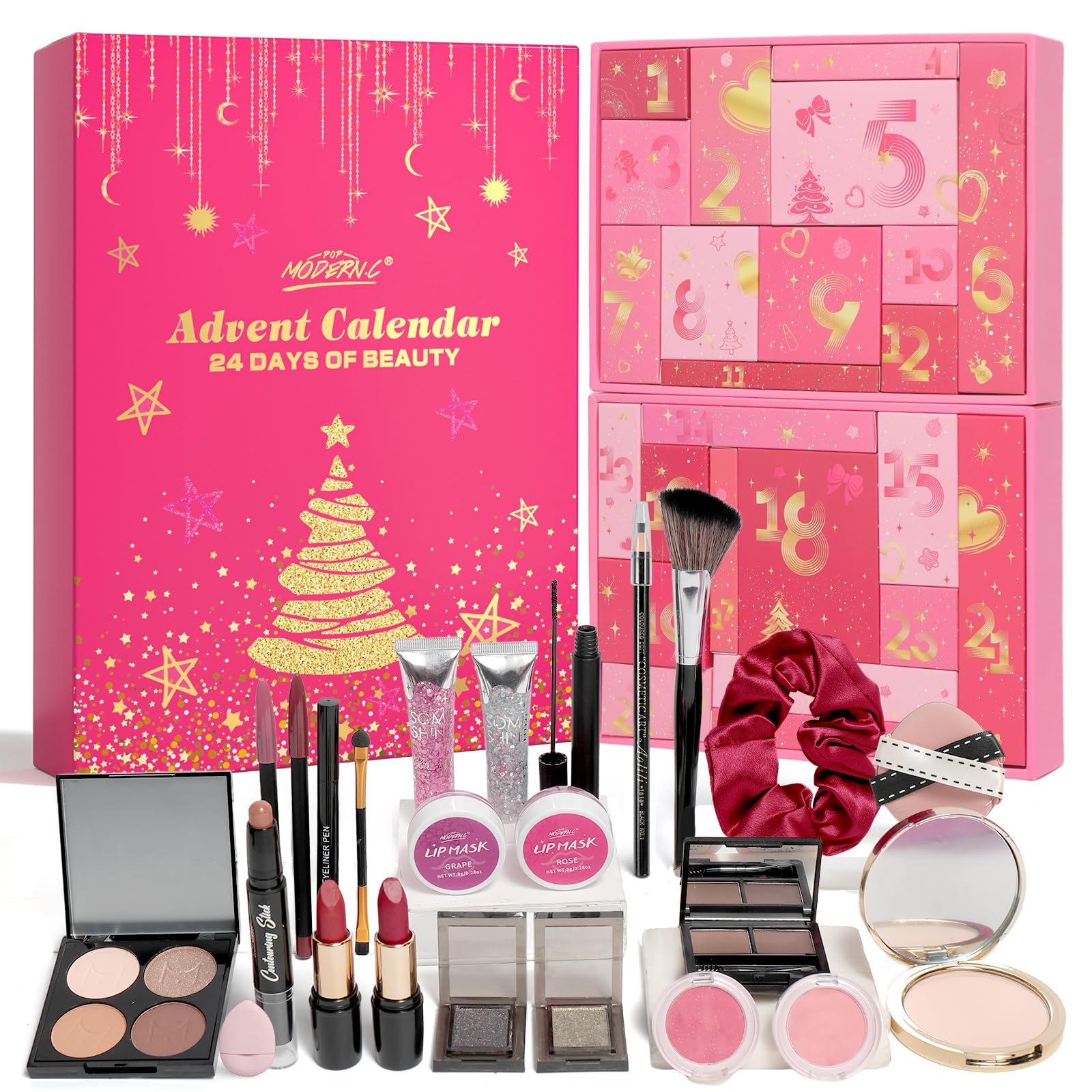Calendario dell'Avvento di bellezza, confezione regalo per il trucco di Natale, 24 pezzi, scatole regalo con calendario per conto alla rovescia, rossetto e ombretto, per donne e ragazze