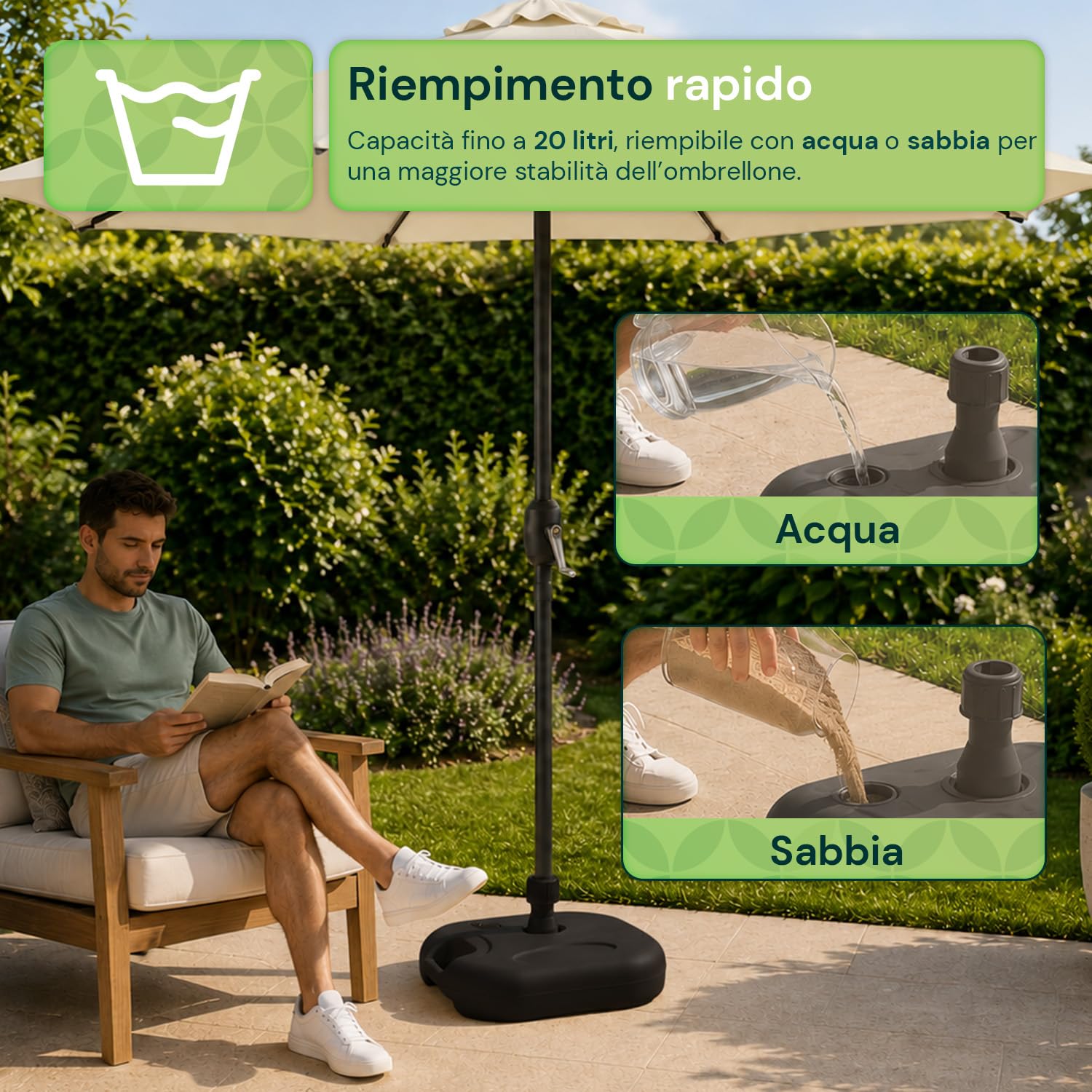 Avilia - Base per Ombrellone Riempibile 20L con Acqua o Sabbia – Supporto Ombrellone da Giardino, Terrazzo, Piscina, Spiaggia – Fusti 22-32 mm, Maniglia Ergonomica - L44xP44xA24 cm
