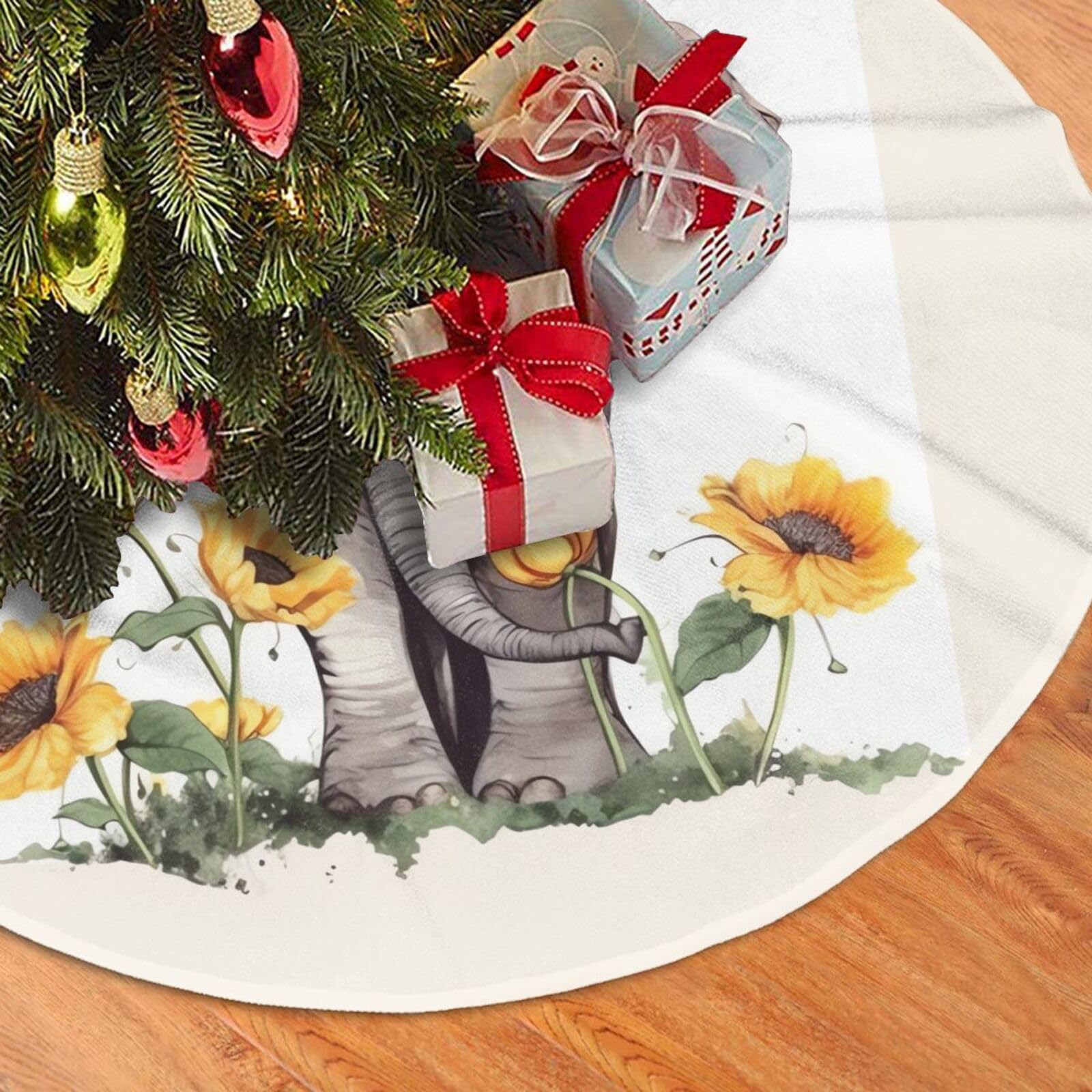 Fodpand Black Elephant And Sunflower Christmas Tree Skirt 30" Velvet Xmas Tree Skirt Mat Rustic Christmas Tree Mat Cover Winter Xmas Tree Collar For Indoor Outdoor Christmas Decorations