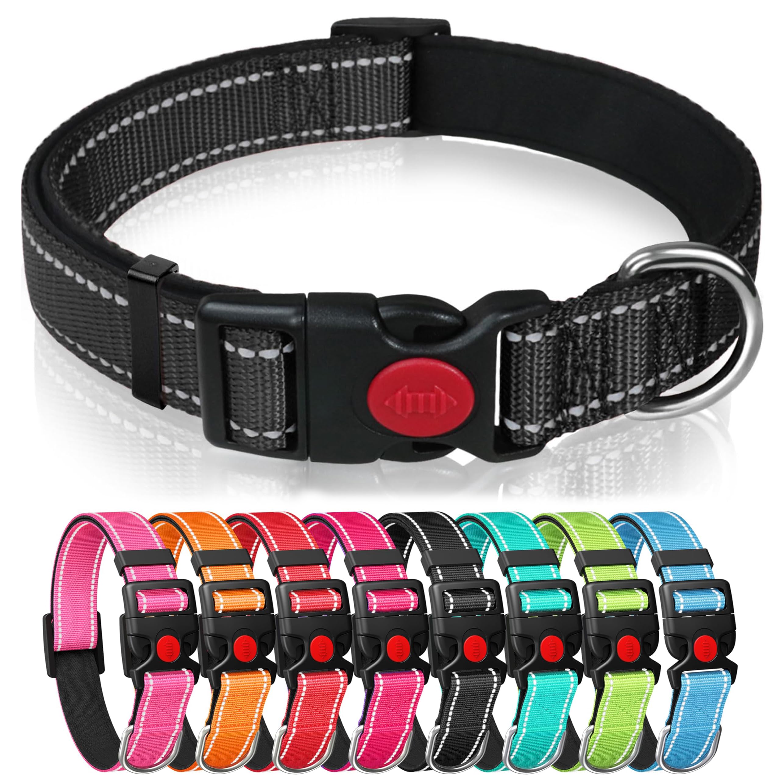 Reflective Nylon Dog Collar with Safety Buckle, Adjustable Pet Collars with Soft Neoprene Padding (Black, M)