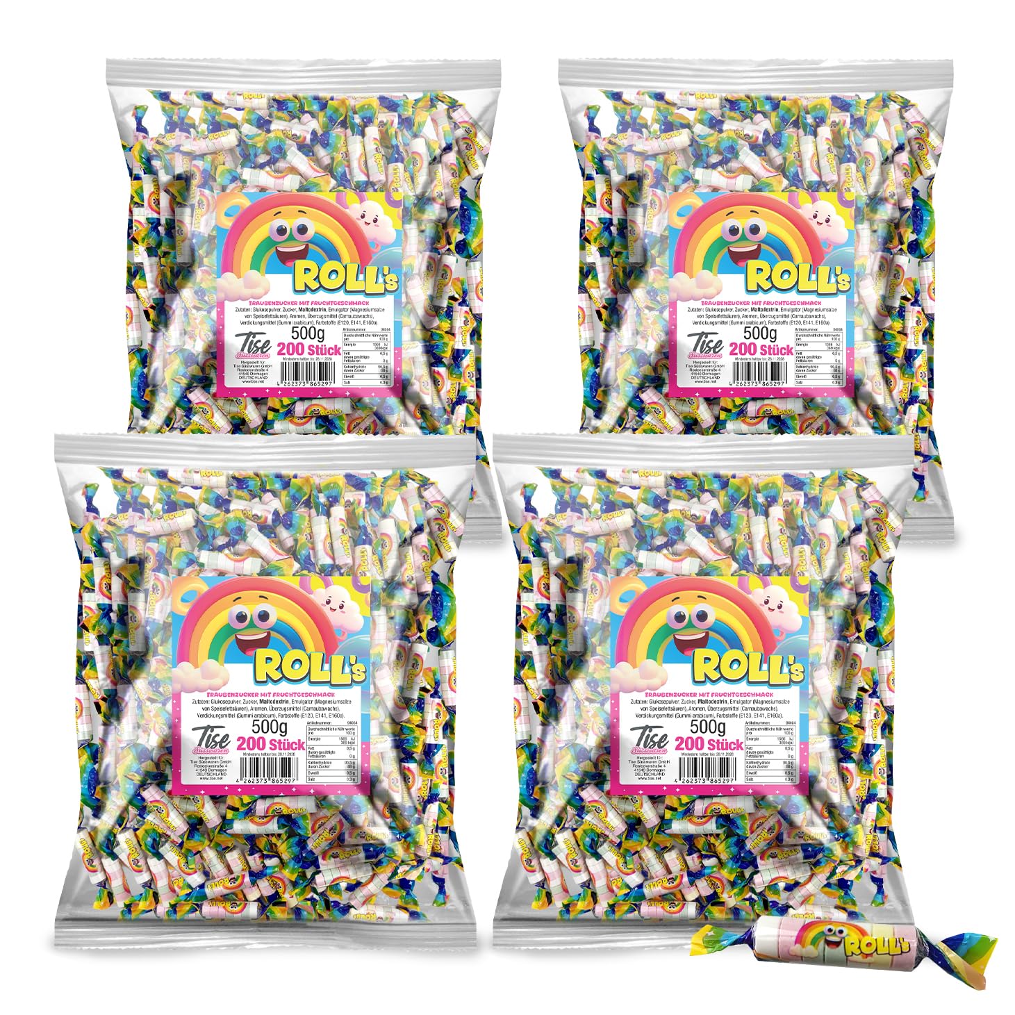 Tise Süsswaren Roll's Traubenzucker Röllchen, Wurfmaterial für Karneval und Fasching (2000g 800Stück)