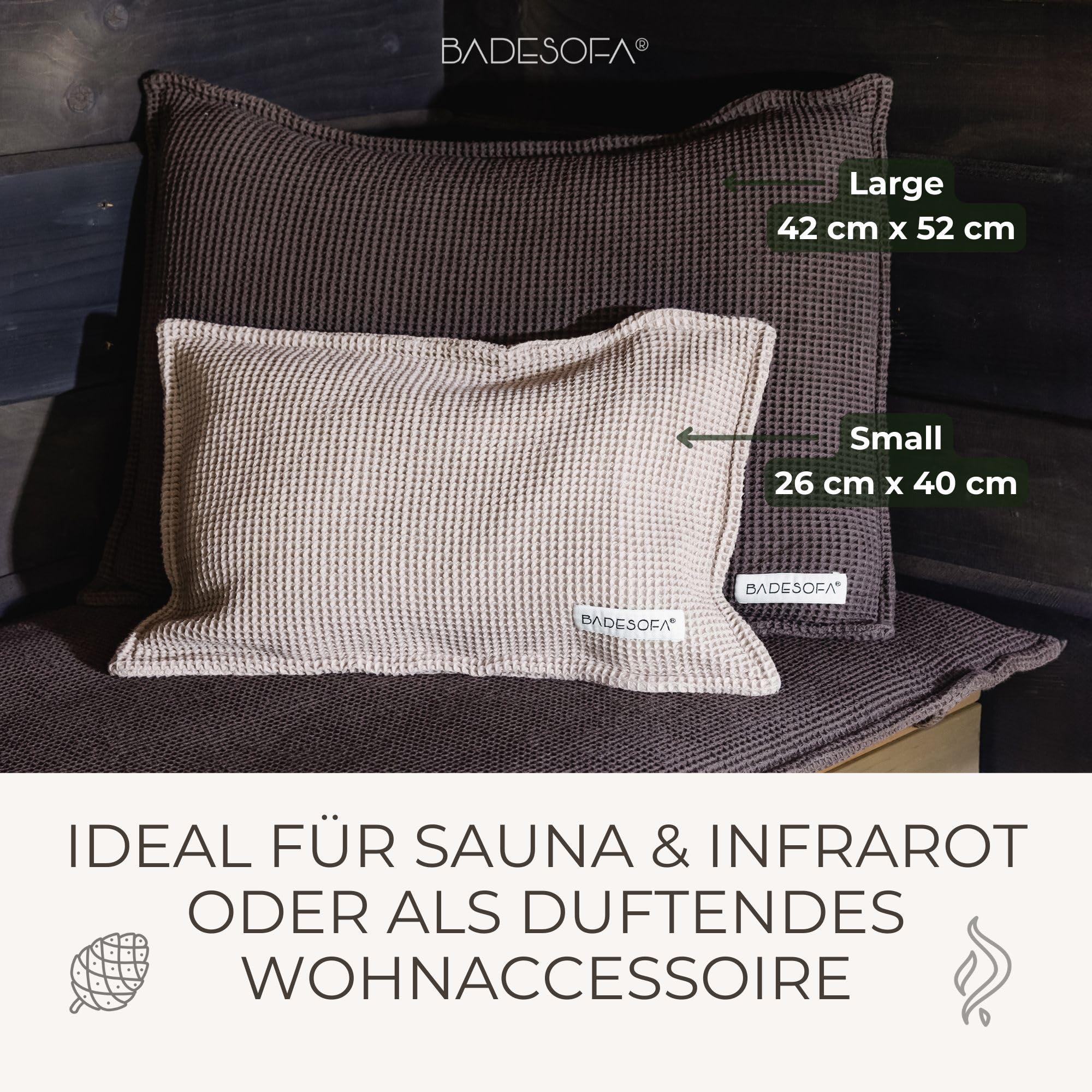 SAUNASOFA™ Zirbenkissen für Sauna – Duftkissen aus 100% Bio-Baumwolle, skandinavisches Design – Handgefertigt in Europa – Nackenstütze & Sauna Zubehör aus natürlicher Zirbe – 26x40 cm