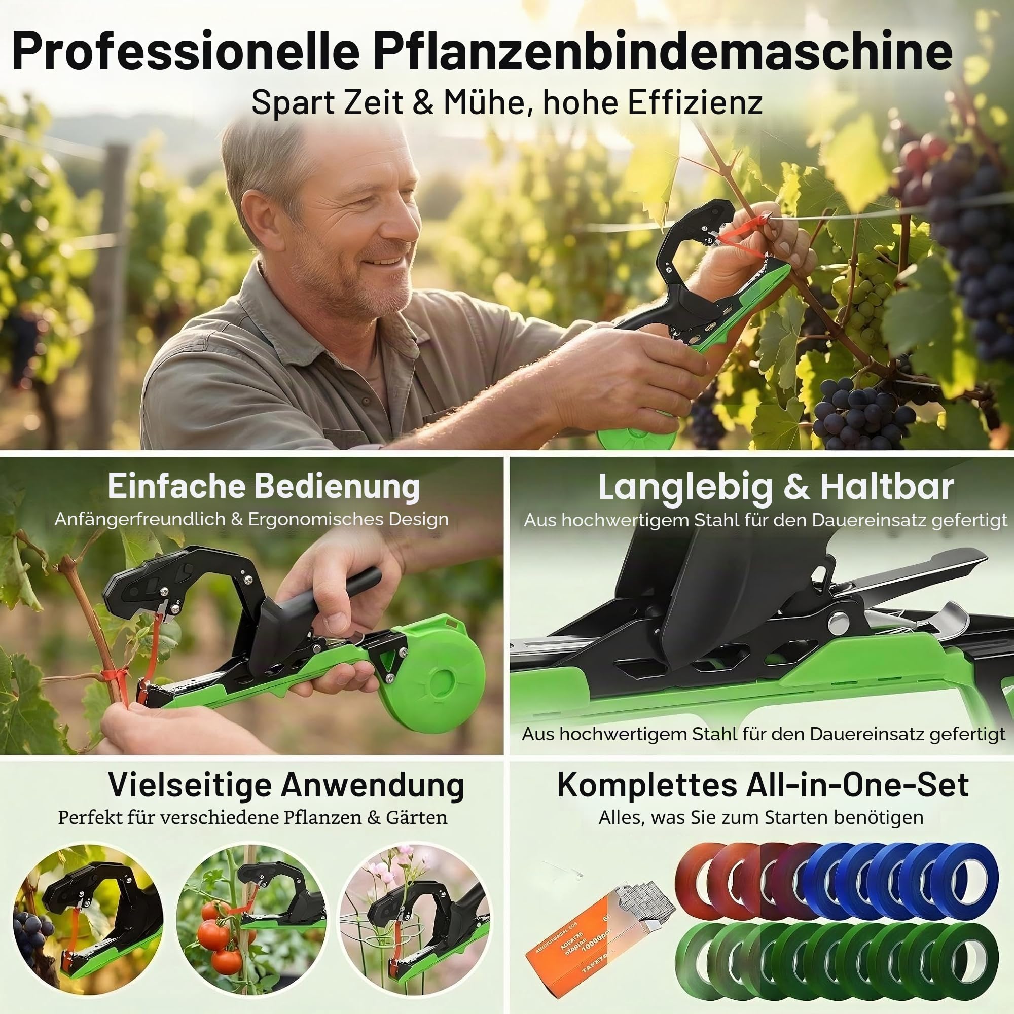 Bindezange für Pflanzen Pflanzenbindemaschine Bindezange Pflanzen Tapetool Handbindemaschine mit 10000 Stück Nägel und 20 Rollen gartenband Bindezange pflanzenbinder für Obst, Himbeeren,Bäume Gemüse
