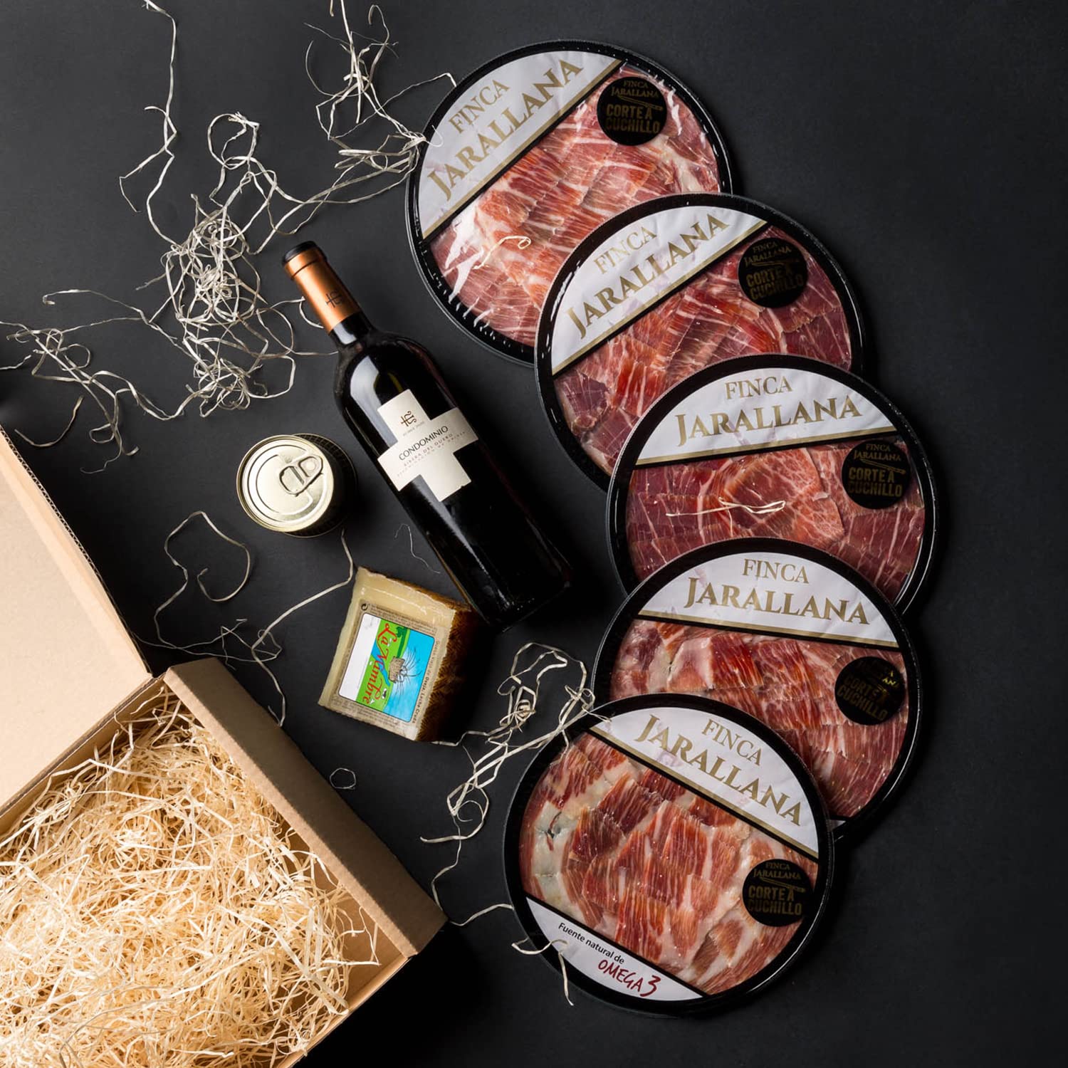 Finca Jarallana - Cesta Gourmet de Jamón Ibérico Loncheado, 1 Lata de Foie, Cuña Queso de Oveja y 1 Botella de Vino - Lote Especial Ideal para Regalo