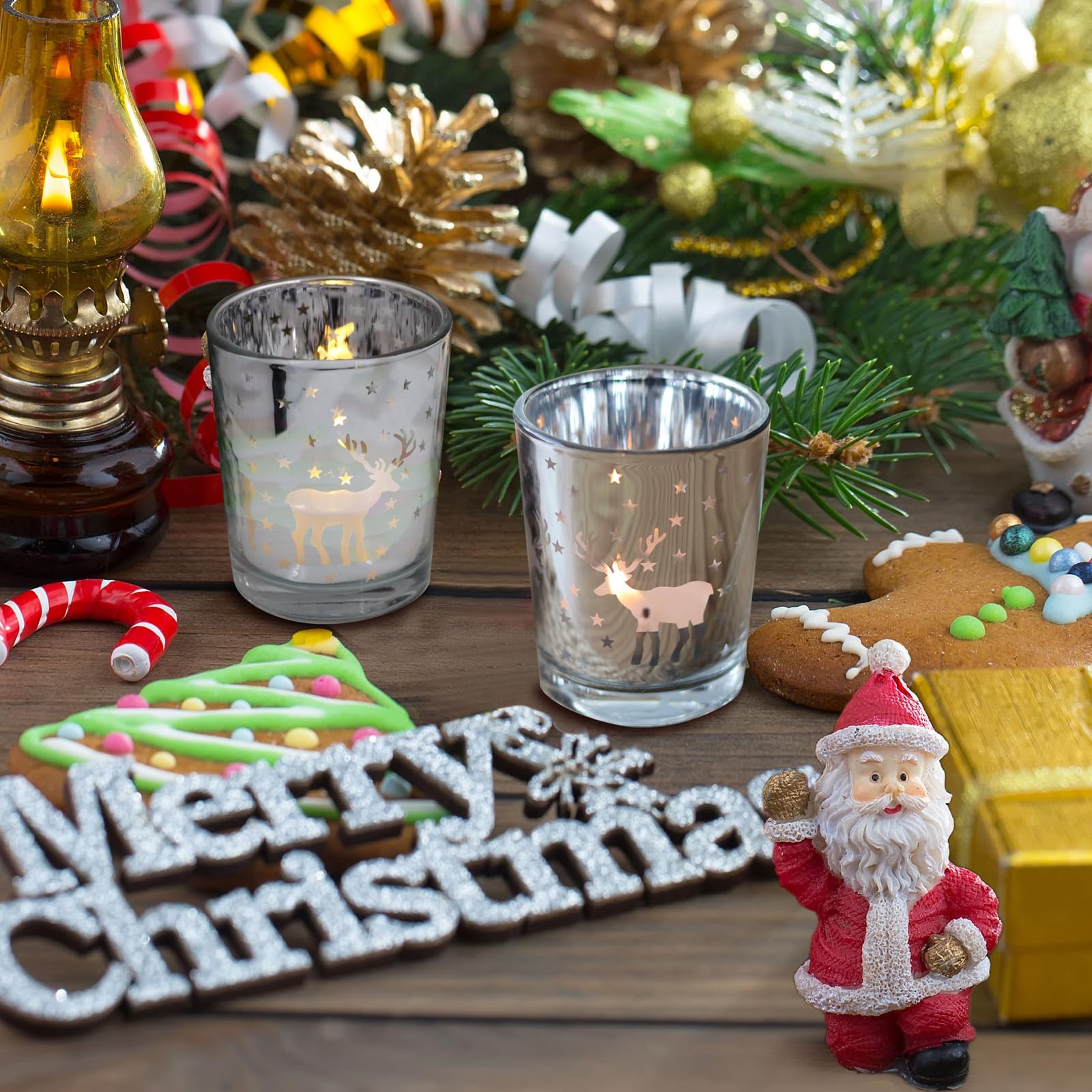 Portavelas votivas plateadas, 12 portavelas de Navidad con reno tallado para decoración de centro de mesa de Navidad