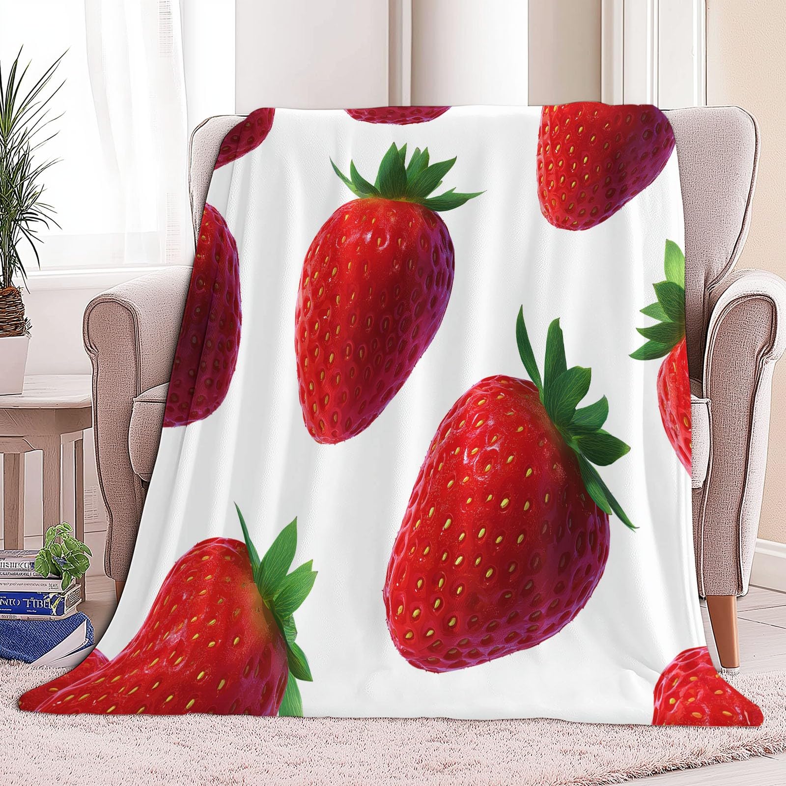 Puszysty minimalizm, flanelowy koc na sofę, łóżko, krzesło, miękka trawa owocowa, jagody, rośliny, pościel, 220 x 240 cm, dekoracyjny, ultramiękki koc na łóżko, dla dzieci, nastolatków, dorosłych, 220