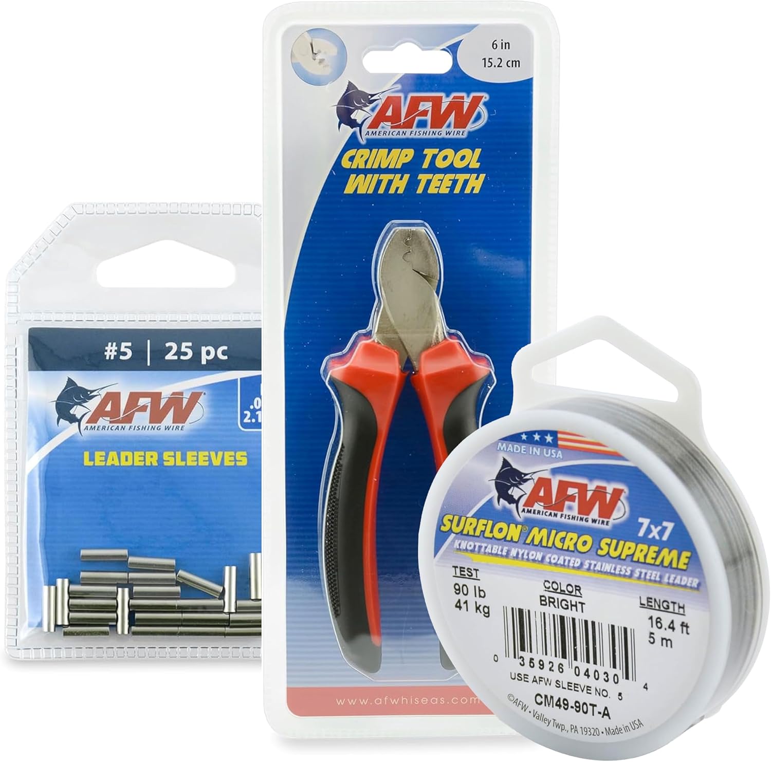 Surflon Micro Supreme, Nylon Coated 7x7 Stainless Steel Leader Wire, 90 lb Test, .036" Diameter, Bright, 5 m and Single Barrel Crimp Sleeves, Size #5/.085", Nickel, 25 pc and Crimpeer Tool with Teeth
