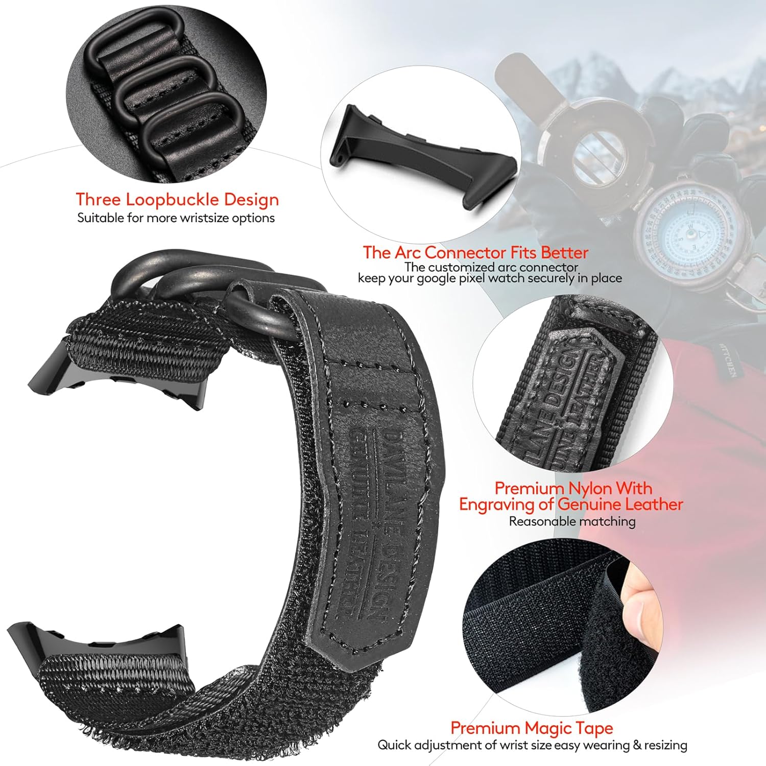 Leather Hook-and-Loop Watch Band Compatible with Google Pixel Watch 4 41mm (2025) / 3 41mm (2024) / 2 (2023) / 1 (2022), Upgraded Three Buckles