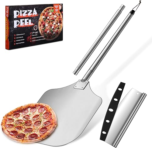 Vista 8 de Joyfair - Espátula de aluminio para pizzas (12 pulgadas), pala de pizza de metal con mango largo y cortador, juego de herramientas de torneado