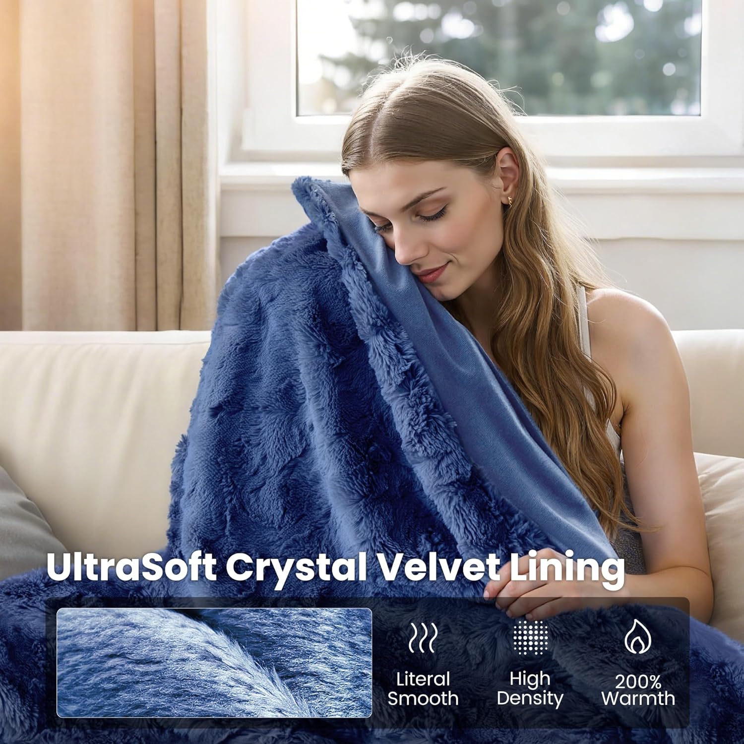 Sophia & William Navy Blue Faux Fur Textured Throw Blanket for Couch - Soft Throws for Chairs, Hypoallergenic Fabric with Rumpled Floral Pattern Seasons (60x80”, Navy Blue) - Image 3