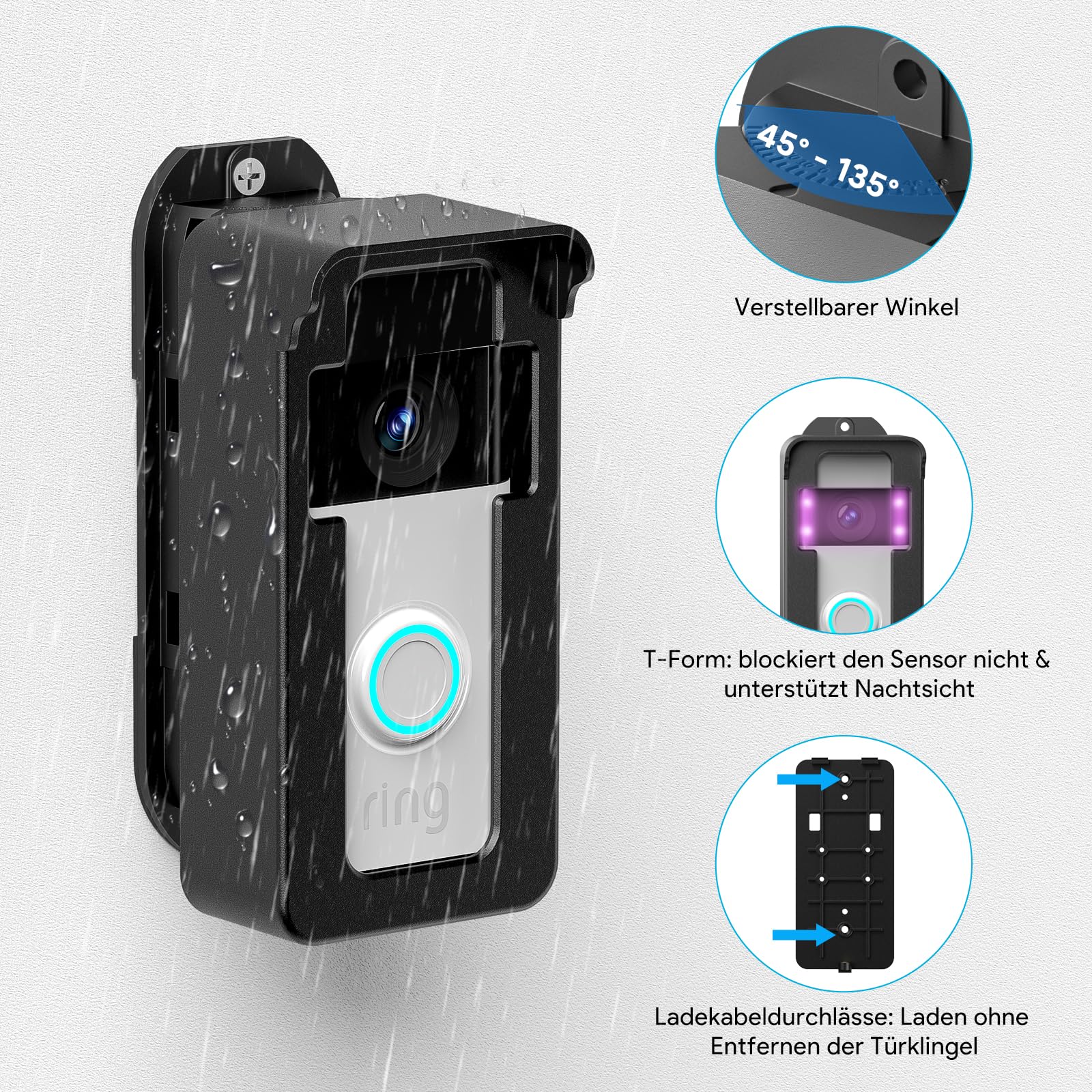 Soporte para Timbre con Vídeo a Prueba de Lluvia, 45-135° Compatible con Video Doorbell Wired/Pro-Pro2/4/3 Plus/3/2/1(Batería), Soporte Angular Antirrobo para Timbre, Accesorios Ajustables para Timbre