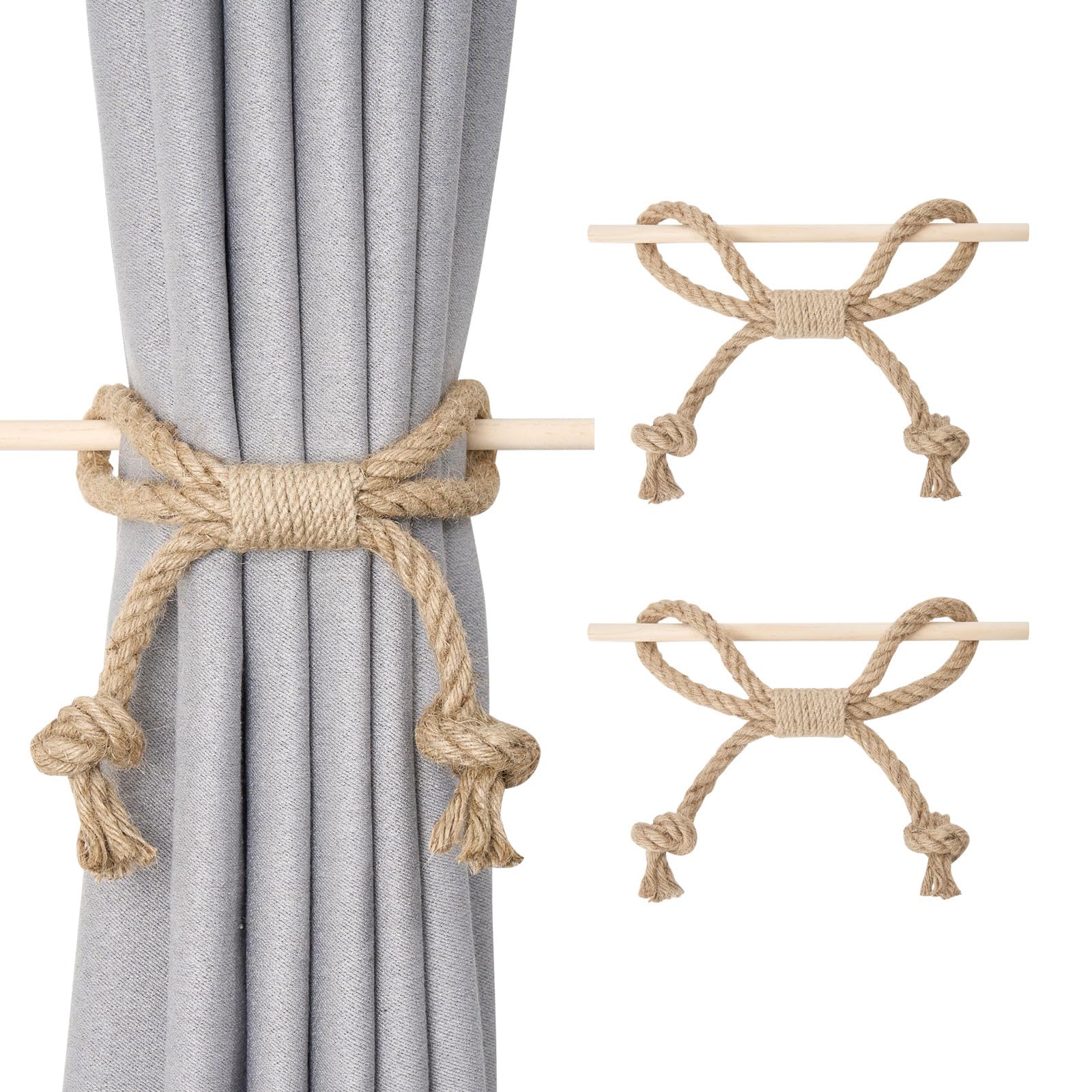 Pretty Jolly 2 Pack Natural Jute Rope Curtain Tiebacks Boho Rustic Style Decorative Drape Tie Backs Farmhouse Hand-Woven Curtain Holdbacks with Wood Club for Home & Office Drapery (Jute knot)