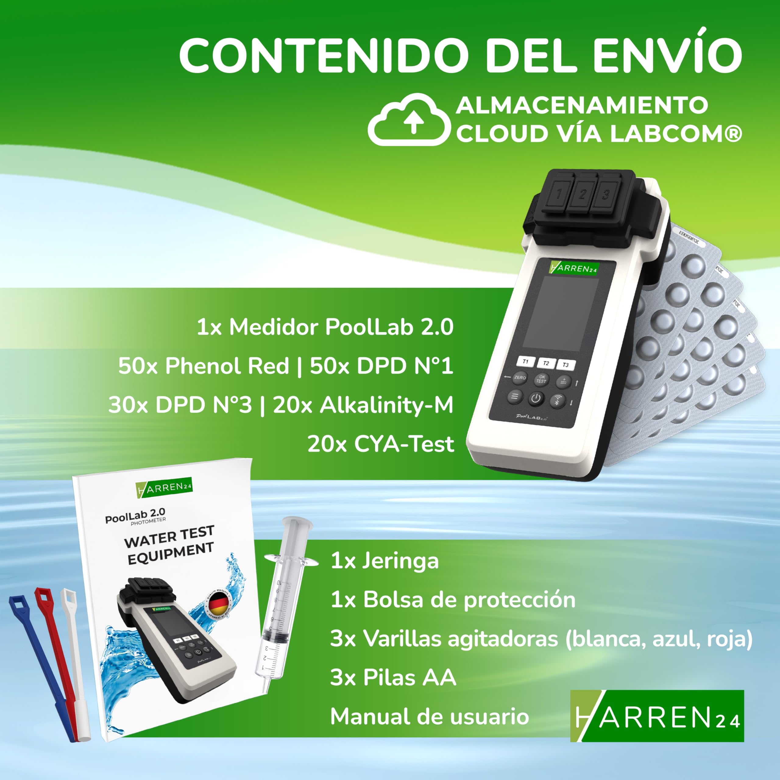PoolLAB 2.0 Special Edition - Comprobador de agua electrónico (fotómetro) para piscina, Bluetooth, incluye 70 + 100 pastillas de prueba, mezcla de relleno cloro pH Phenol rojo ácido cianúrico