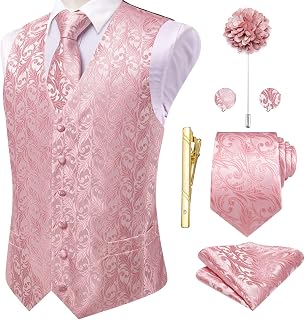 Silk Mens Suit Vests and Tie Set Lapel Pin Gold Tie Clip Paisley Floral Casual Waistcoat Tuxedo Wedding Party Business