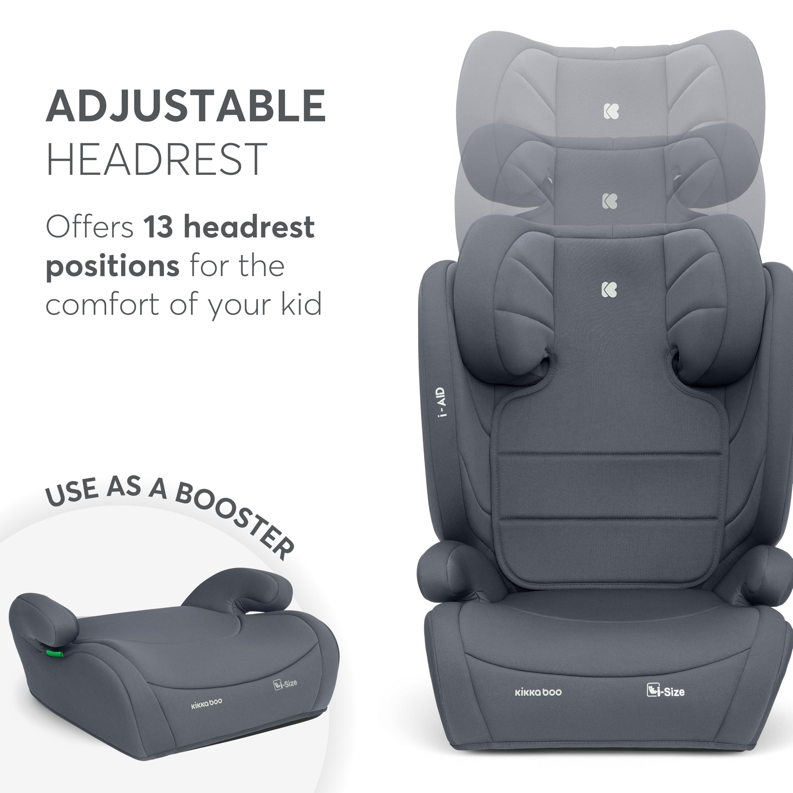 KikkaBoo Fotelik Samochodowy i-AID i-Size 100–150 cm, Grupa 2/3 ISOFIX, dla Dzieci 3,5–12 Lat (15–36 kg), Regulowany Zagłówek w 13 Pozycjach, Szary