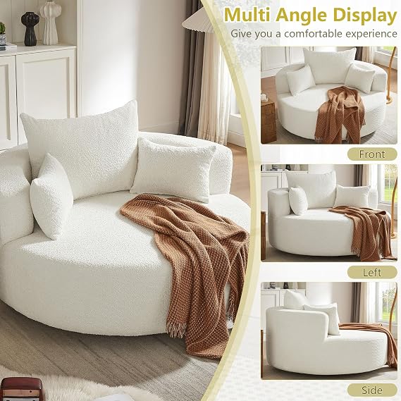 55 Oversized Round Swivel Chaise Longue Chair Indoor, Modern 360 Degree Swivel Upholstered Chenille Deep Seat Circle Comfy Single Cloud Sofa Chair for Living Room Bedroom Apartment Office, Beige