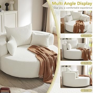 55 Oversized Round Swivel Chaise Longue Chair Indoor, Modern 360 Degree Swivel Upholstered Chenille Deep Seat Circle Comfy Single Cloud Sofa Chair for Living Room Bedroom Apartment Office, Beige