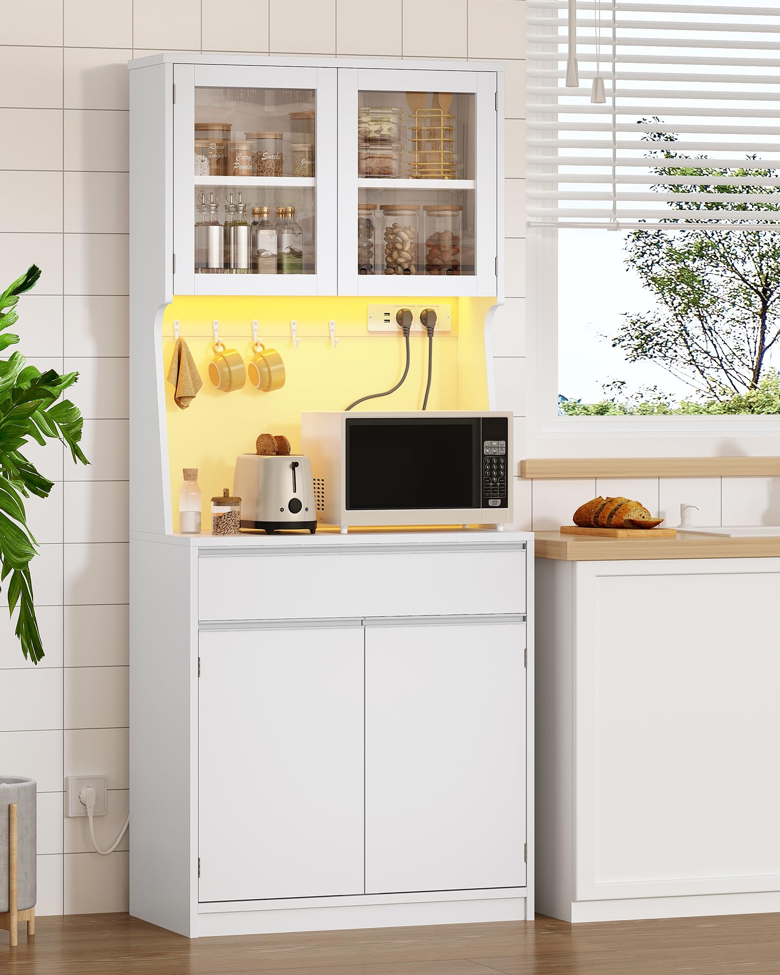 Hzuaneri Aparador Cocina, Armario de Cocina, Armario de Almacenamiento, con Regleta de Enchufes y Tira de Luz LED, Encimera y 4 Armarios de Almacenaje, Estantes Regulables, 40x75x180cm, Blanco