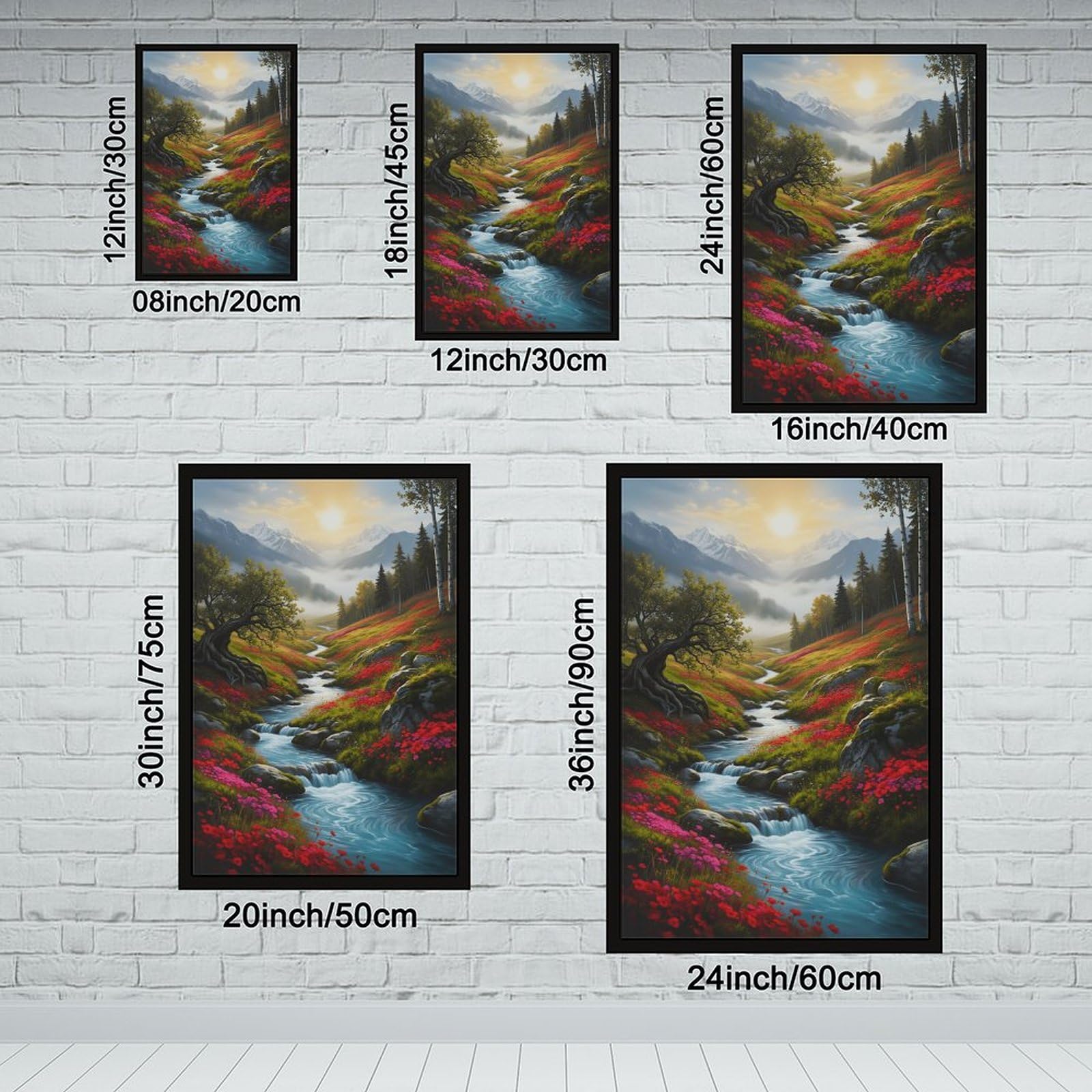 Mnyuein Póster de paisaje de bosque, montañas y flores silvestres, 1 póster en lienzo, decoración de pared, pinturas para sala de estar, dormitorio, marco negro, 12 pulgadas de largo x 18 pulgadas de