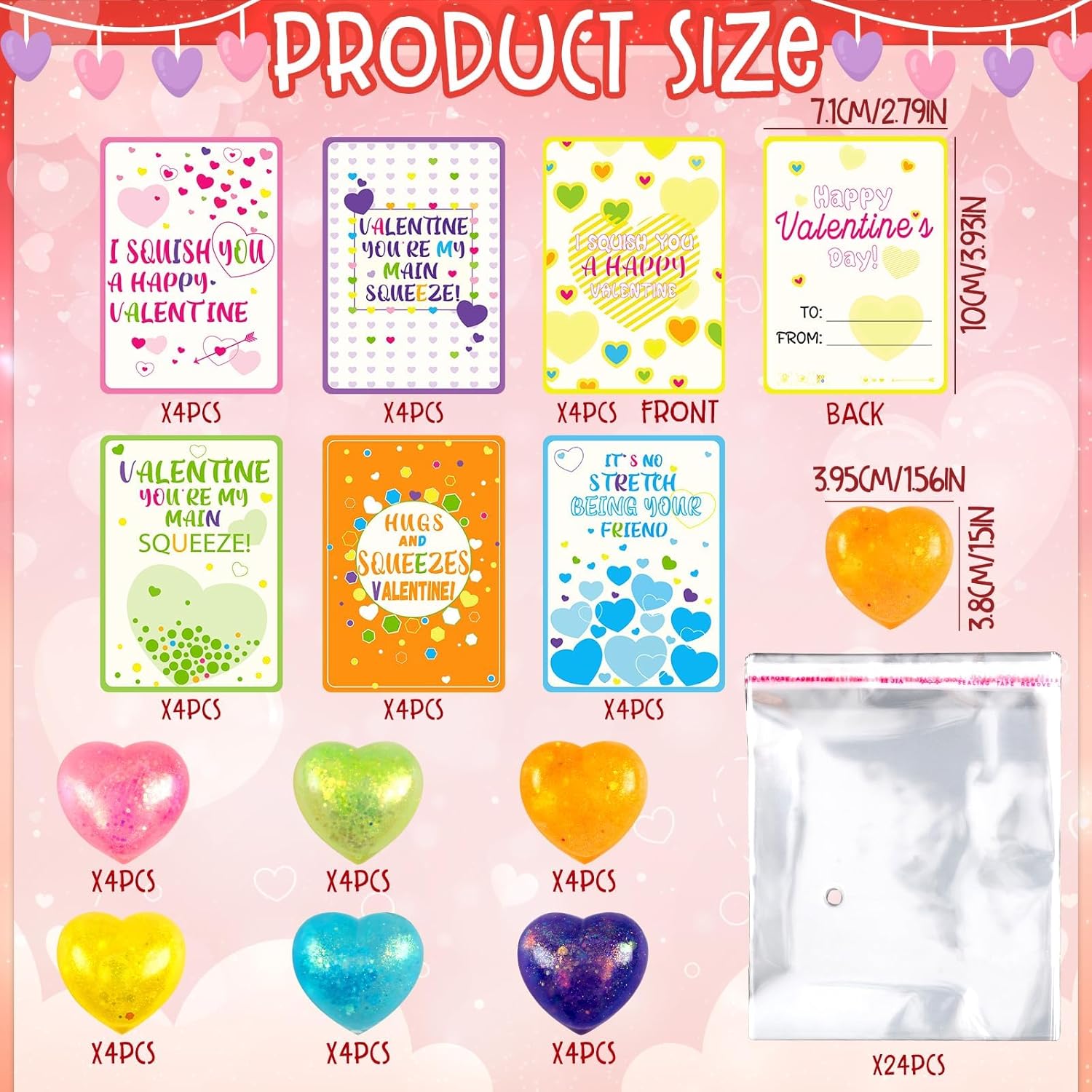 Valentines Stress Ball with Cards for Kids Classroom Favors - 24pcs Valentine's Heart Stress Ball Fidget Toys for Boys Girl Toddlers Valentines Day Party Favors Supplies