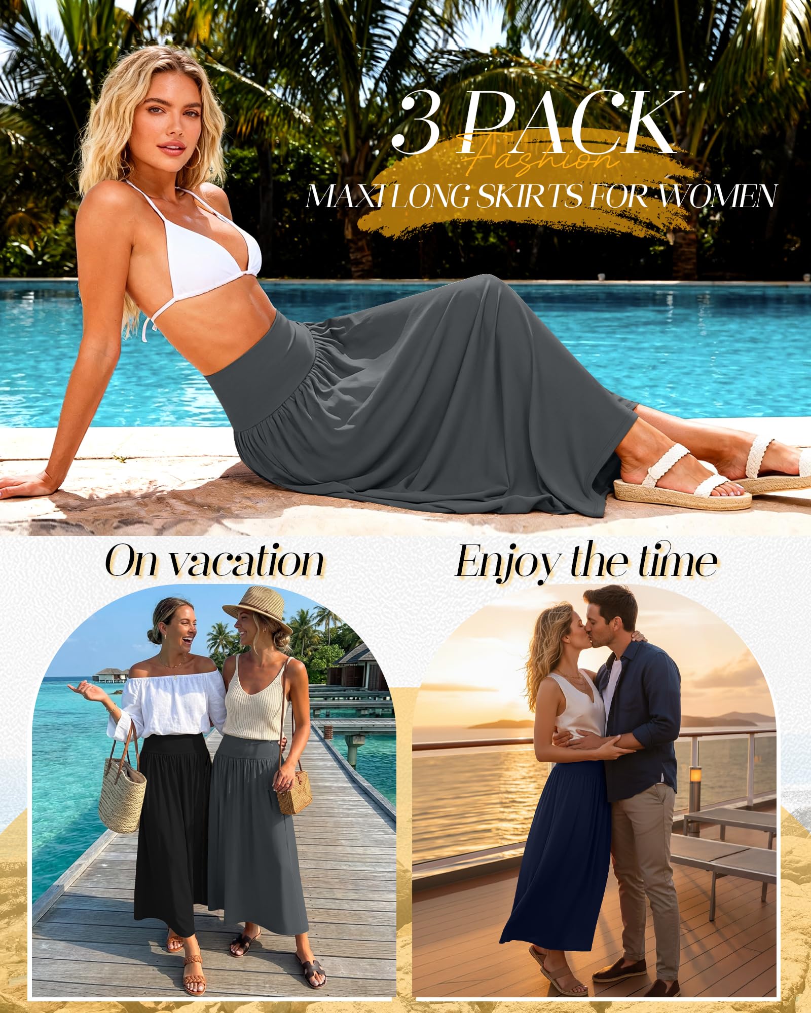 Ficerd Lot de 3 Jupes Longues Maxi pour Femmes, Longueur Cheville, Taille Haute, Coupe Trapèze Fluide, Poches, Été