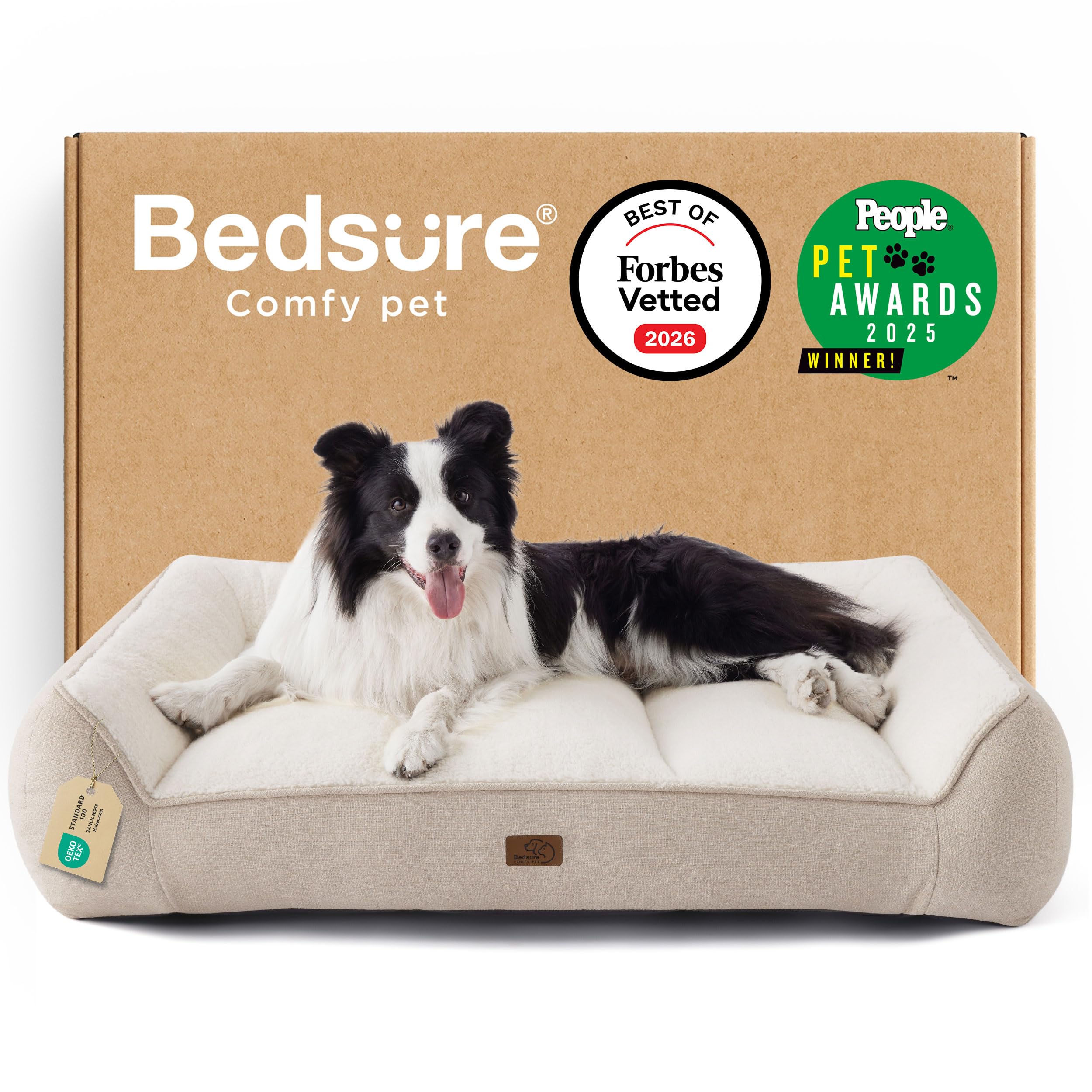 Bedsure Orthopedic Dog Beds Large - 96x71cm Extra Thick Supportive Large Dogs Sofa with Waterproof Washable Cover, L Plus Pet Bed Sofa with Soft Plush Sherpa and Nonskid Bottom, Cream