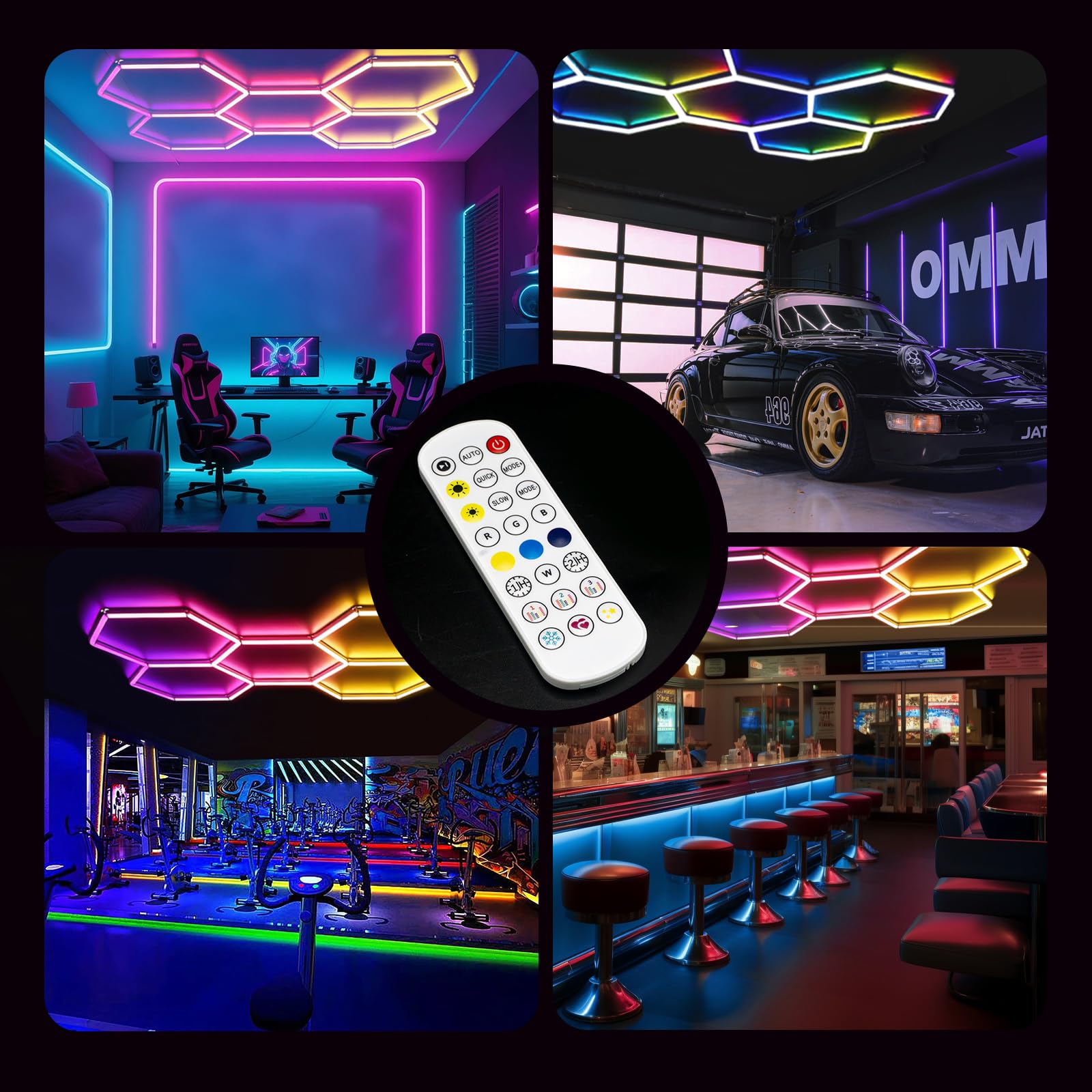 Illuminazione esagonale LED RGB 5 Hex 216W luci soffitto esagonali | dimmerabili collegabili Luci esagonali RGB con telecomando/app per per sale palestra, bar, sala giochi, garage, seminterrato