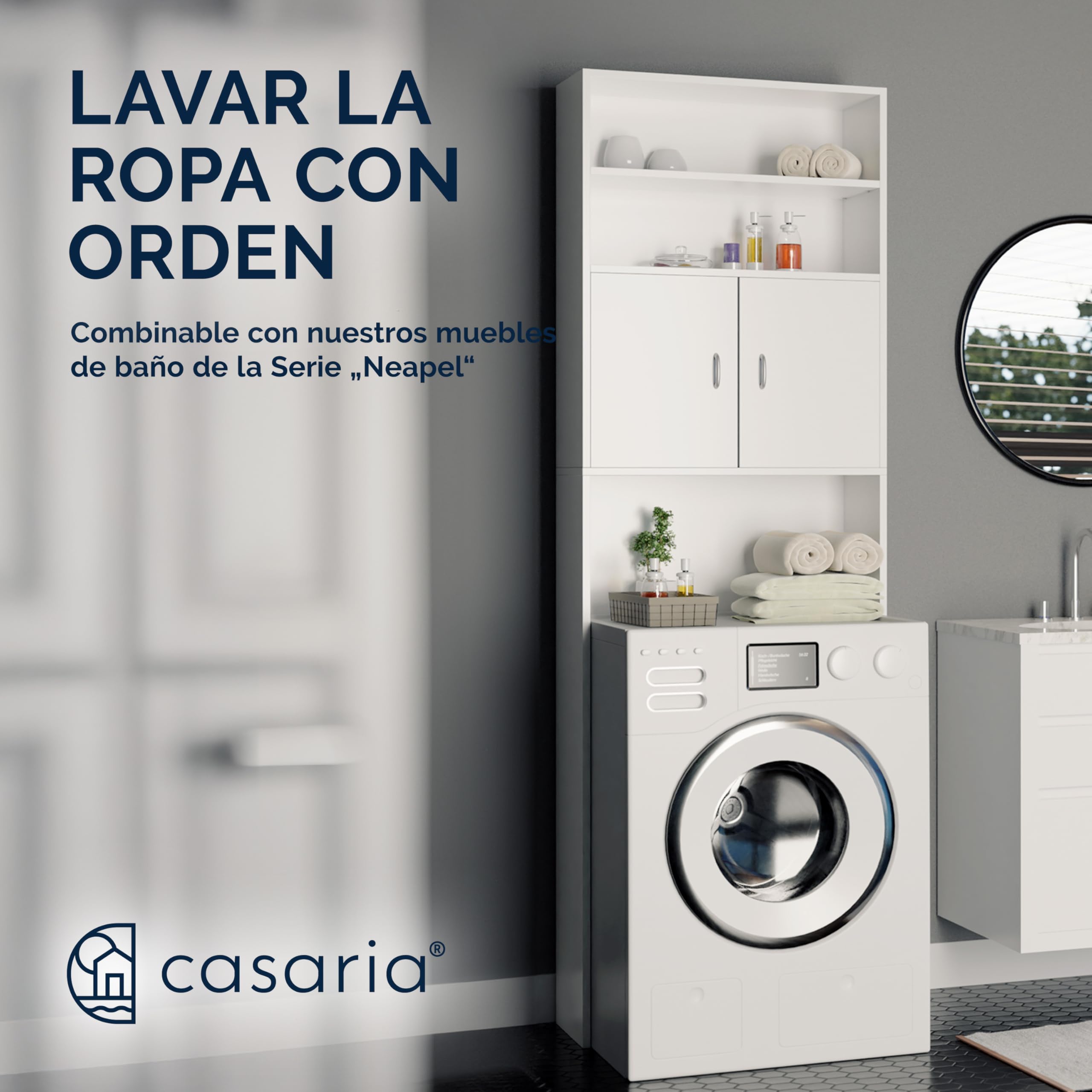 CASARIA® Mueble Alto para Lavadora Secadora, Estanteria Almacenamiento sobre Inodoro, con 2 Estantes, Estanterias Alta de Almacenaje Baño Armario Alto 185x63x20cm