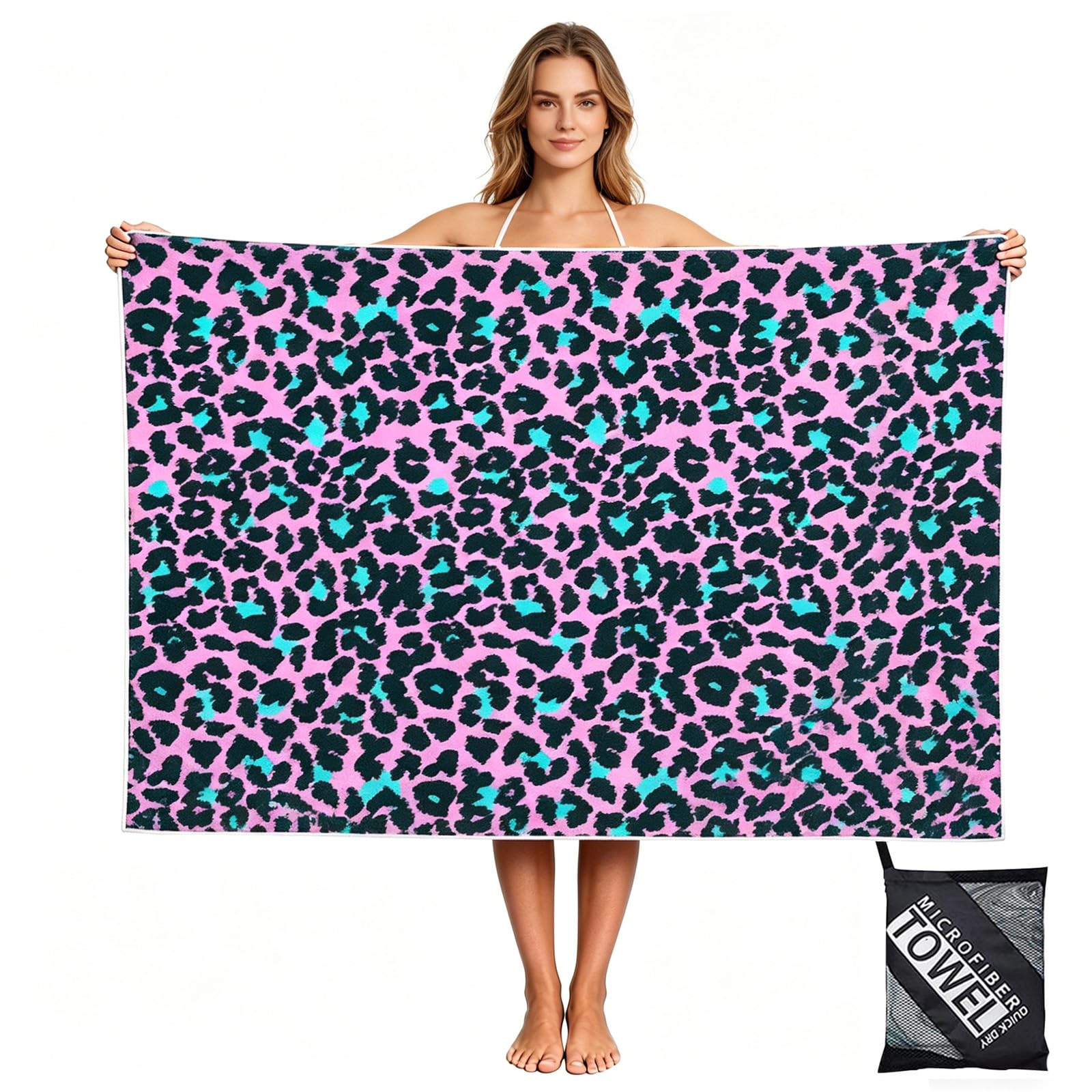yayafunfun Large Quick Dry Microfibre Beach Towels for Adults, 160X90cm Pink Leopard Bath Towel Travel Towels with Pocket, Lightweight Beach Towel for Women Men Sun Lounger Travel Swim Holiday Sports