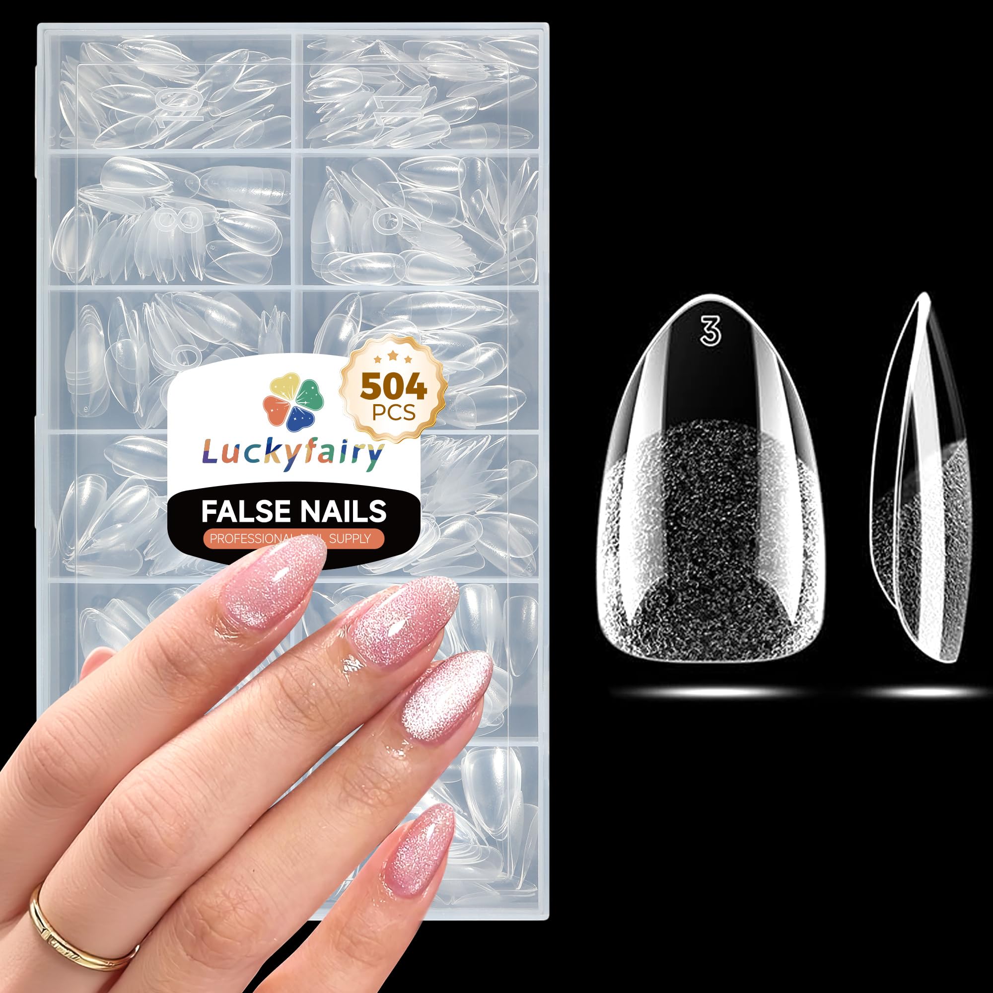 Short Almond Nail Tips: 504pcs Tri-Layer Core Soft Gel Nail Tips, Pre-Etched Short Fake Nails, 12 Sizes Half Matte Full Cover Clear Press on Nails Extension DIY Home for Flat & Natural Nail Beds