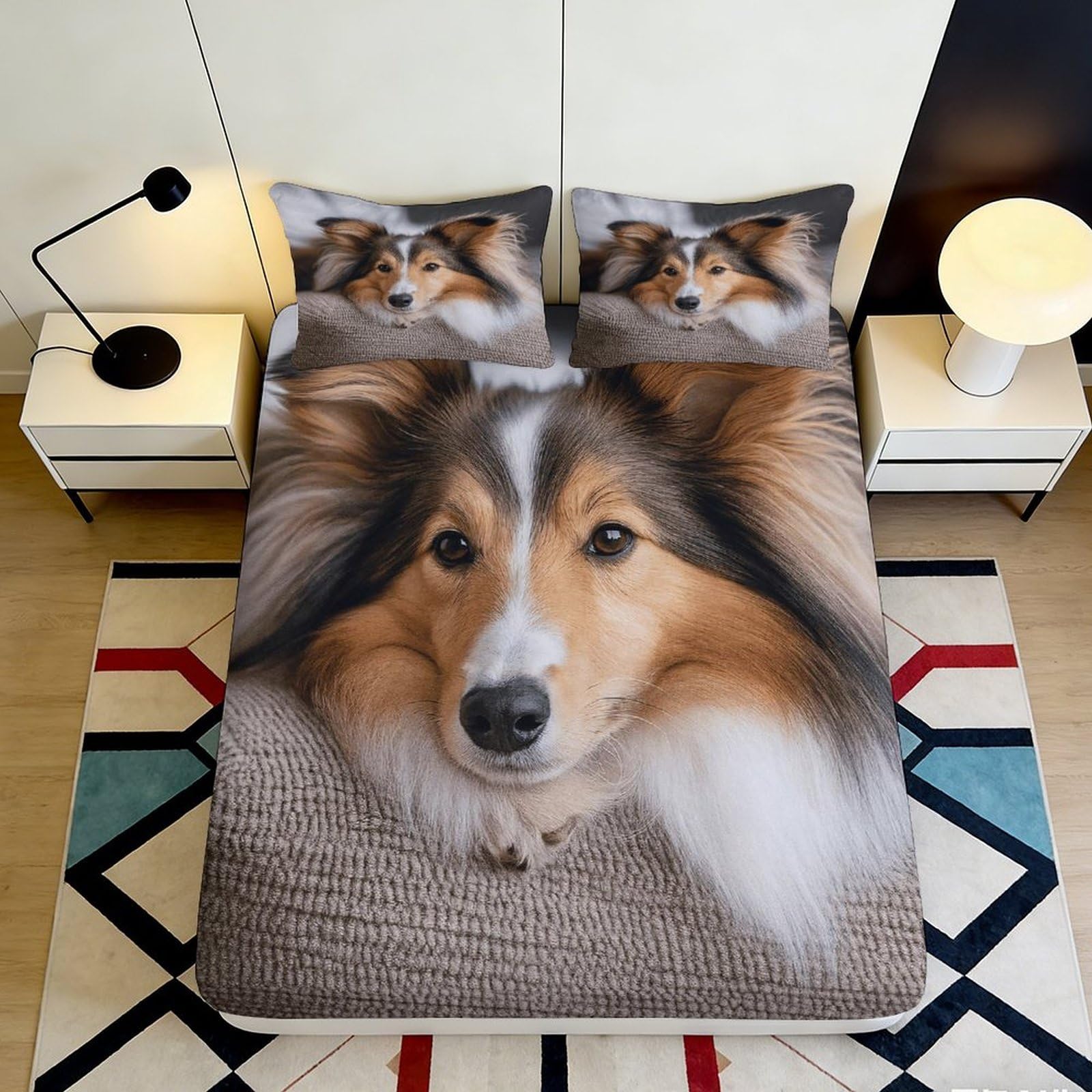 3D Printed Shetland Sheepdog Fitted Sheet Microfiber Soft Breathable Collie Bed Cover for Bedroom Guest Room Decor 90x200x25cm