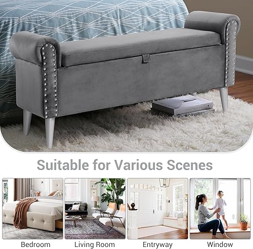Miniatura 6 de Banco de almacenamiento de 47 pulgadas de largo para dormitorio banco otomano de almacenamiento de terciopelo tapizado copetudo con brazo enrollado