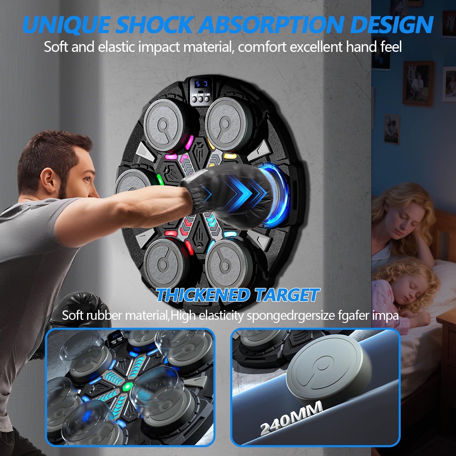 ROCKY&CHAO Music Boxing Machine de Boxe - Machine de Boxe Murale LED avec Musique et Bluetooth - Vitesse à Plusieurs Niveaux - Entraînement de réaction et d'entraînement de Boxe pour la Maison - avec