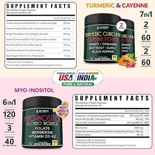 Miniatura 2 de Paquete de 2 60 suplementos de curcumina de cúrcuma 7 en 1 y suplemento de mio-inositol y D-quiro inositol 6 en 1 para mujeres, 120 unidades,