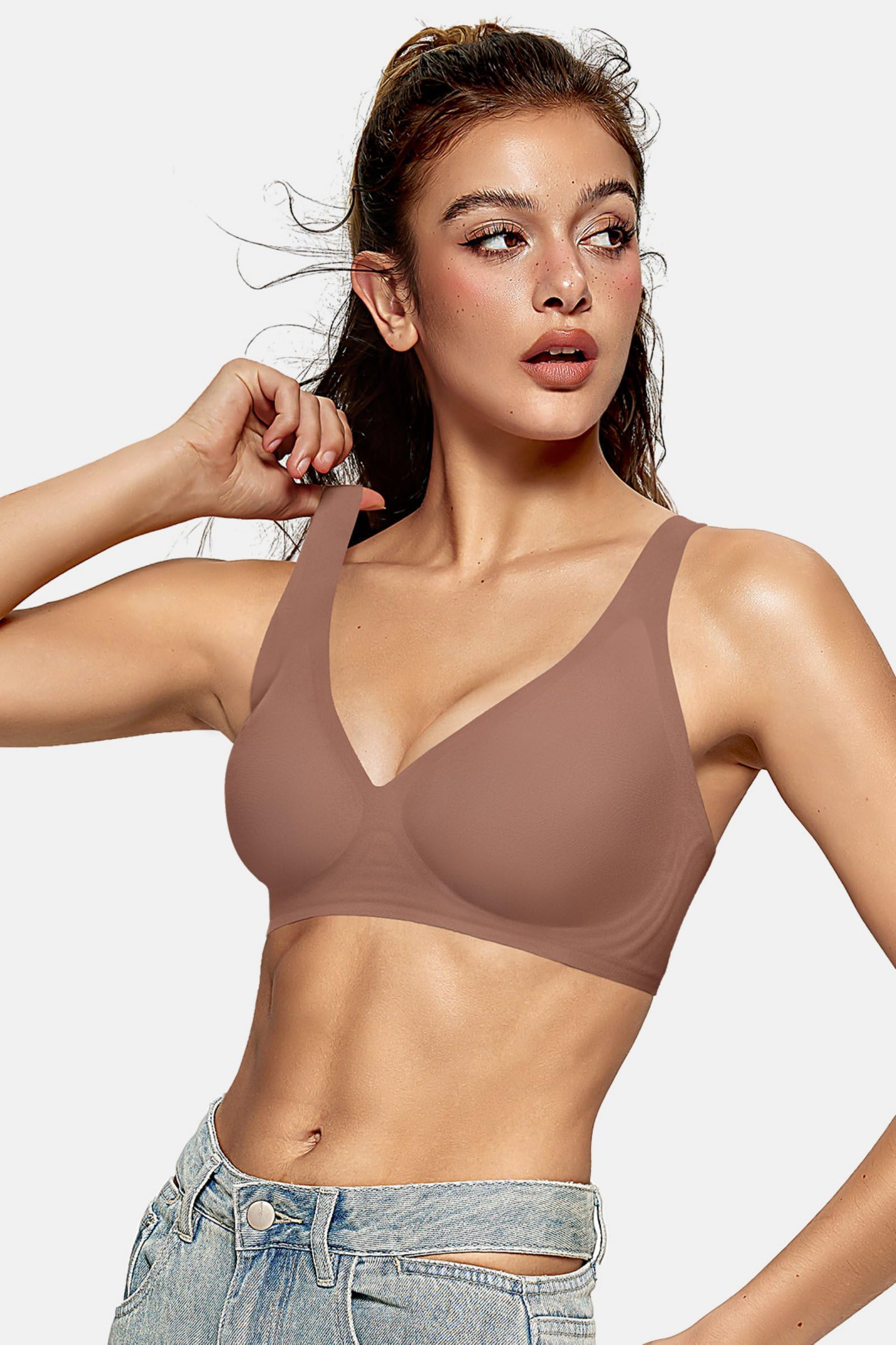 OEAK Womens Deep V Bras Wireless Comfortable Bra Supportive No Underwire Bras Tshirt Push Up Bralettes Plunge Seamless Bra Coffee M view 5