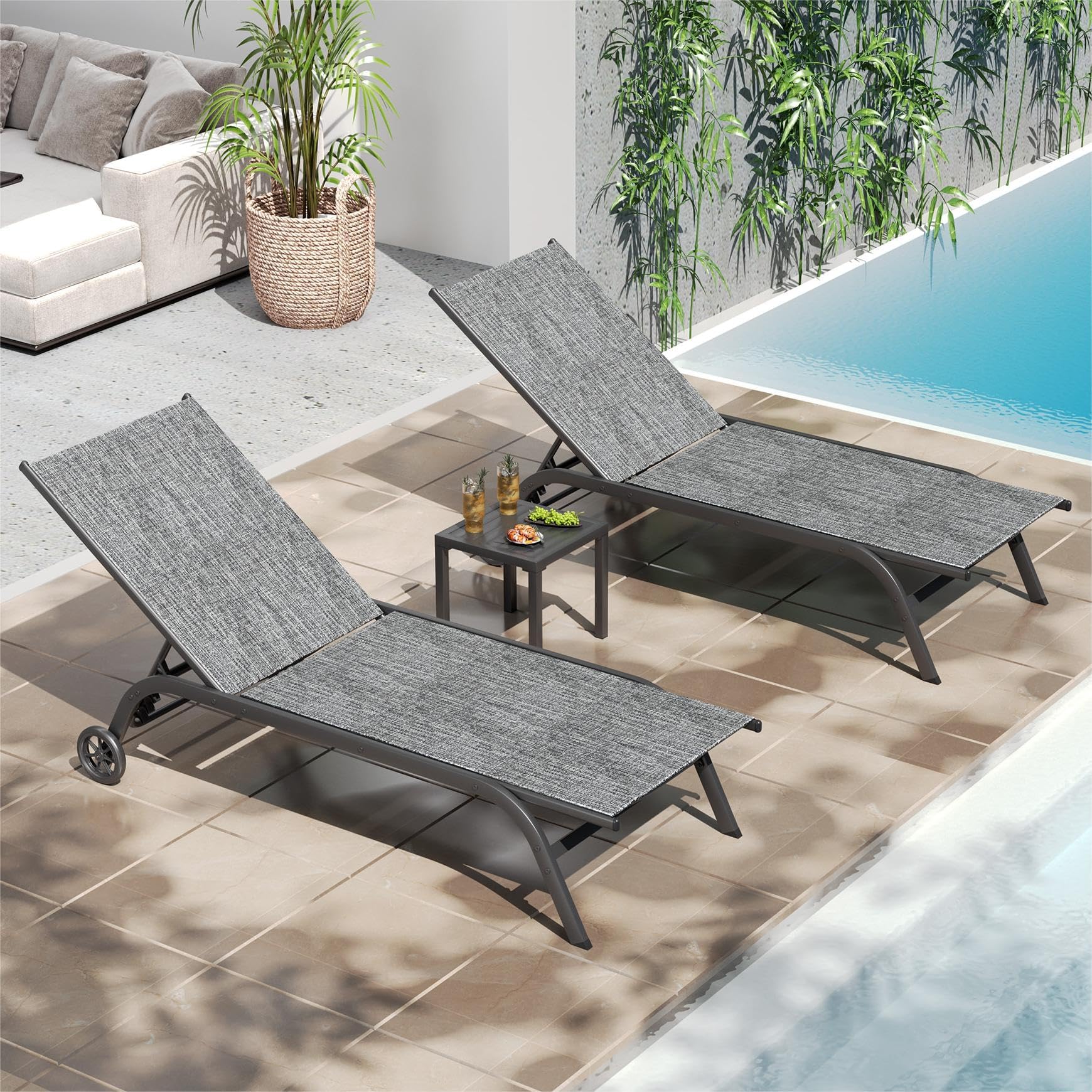 UDPATIO Aluminum Patio Lounge Chairs Outdoor Chaise Set of 3 with Side Table Lightweight Pool Lounge Chair with 5-Level Backrest Lounger with Wheels for Beach Patio Lawn Easy Assembly