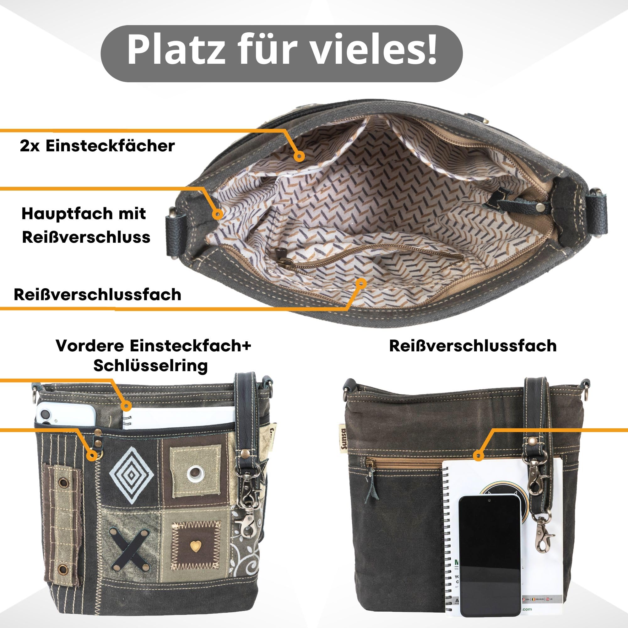 Sunsa Taschen Damen. Umhängetasche aus Canvas/Leinwand & Leder, khakigrün