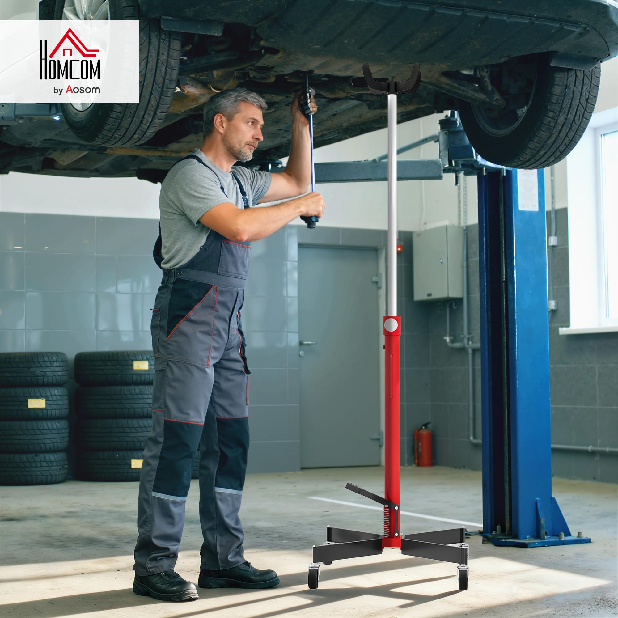 HOMCOM Cric idraulico per cambio, cric di sollevamento in acciaio 500 kg, altezza regolabile 110-191,5 cm, cric idraulico per cambio 4 ruote, pedale, per auto, rosso