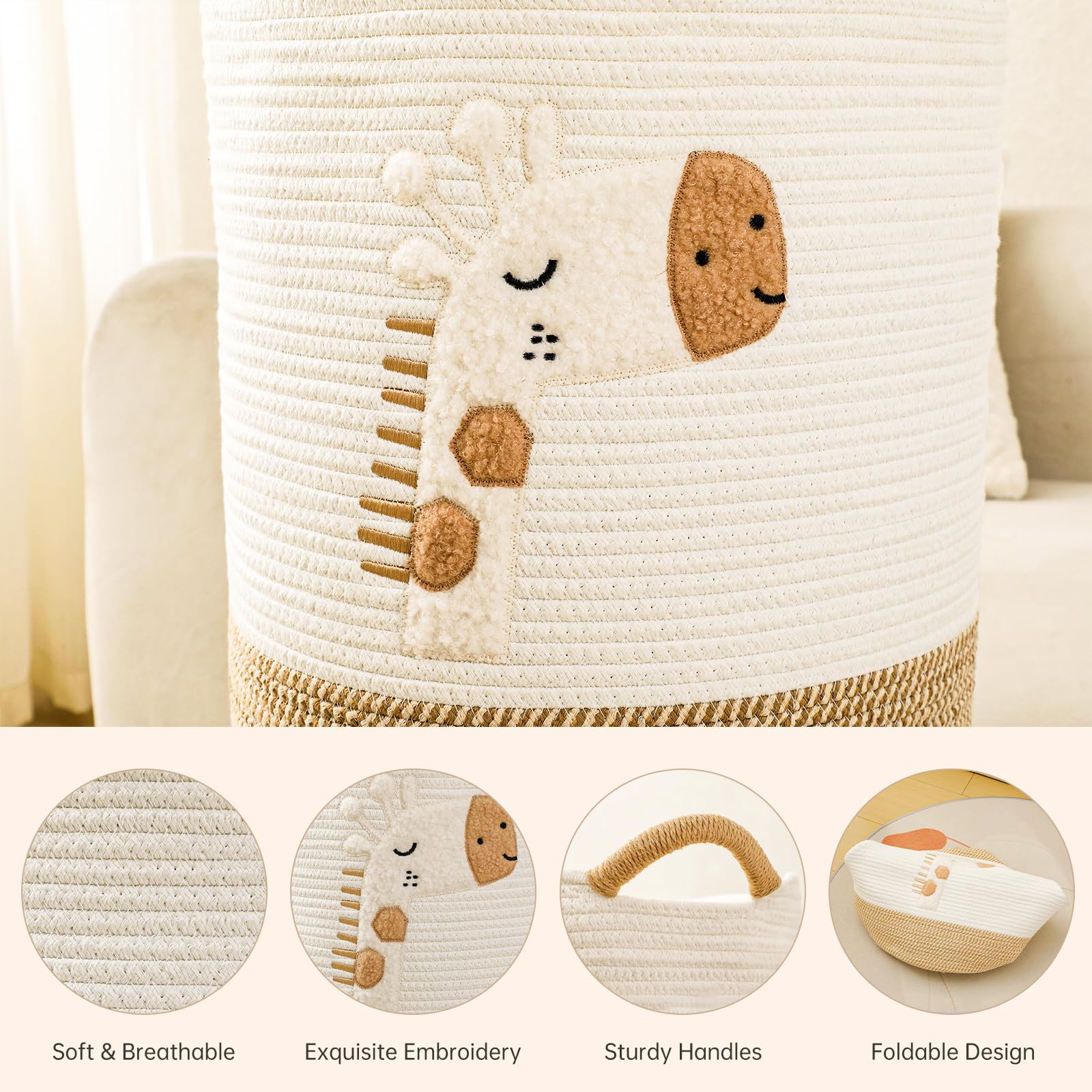 Cesto Portabiancheria 51L Grande Cesta Giochi Bambini Cesto Biancheria Sporca Contenitore Giochi Cestini Portaoggetti, Cesta di Stoccaggio in Corda di Cotone per Bambini con Maniglie, Giraffa