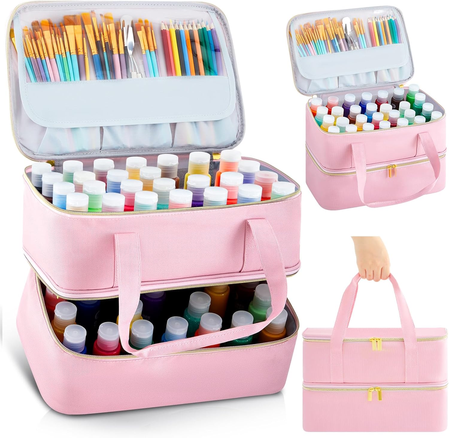 Abbylike Acrylic Paint Organizer Case for up to 56 Bottles (2 Oz) Double Layer Art Supply Storage Bag Alcohol Ink Storage Paint Carry Case with Foam Insert and Inner Pocket(Pink)